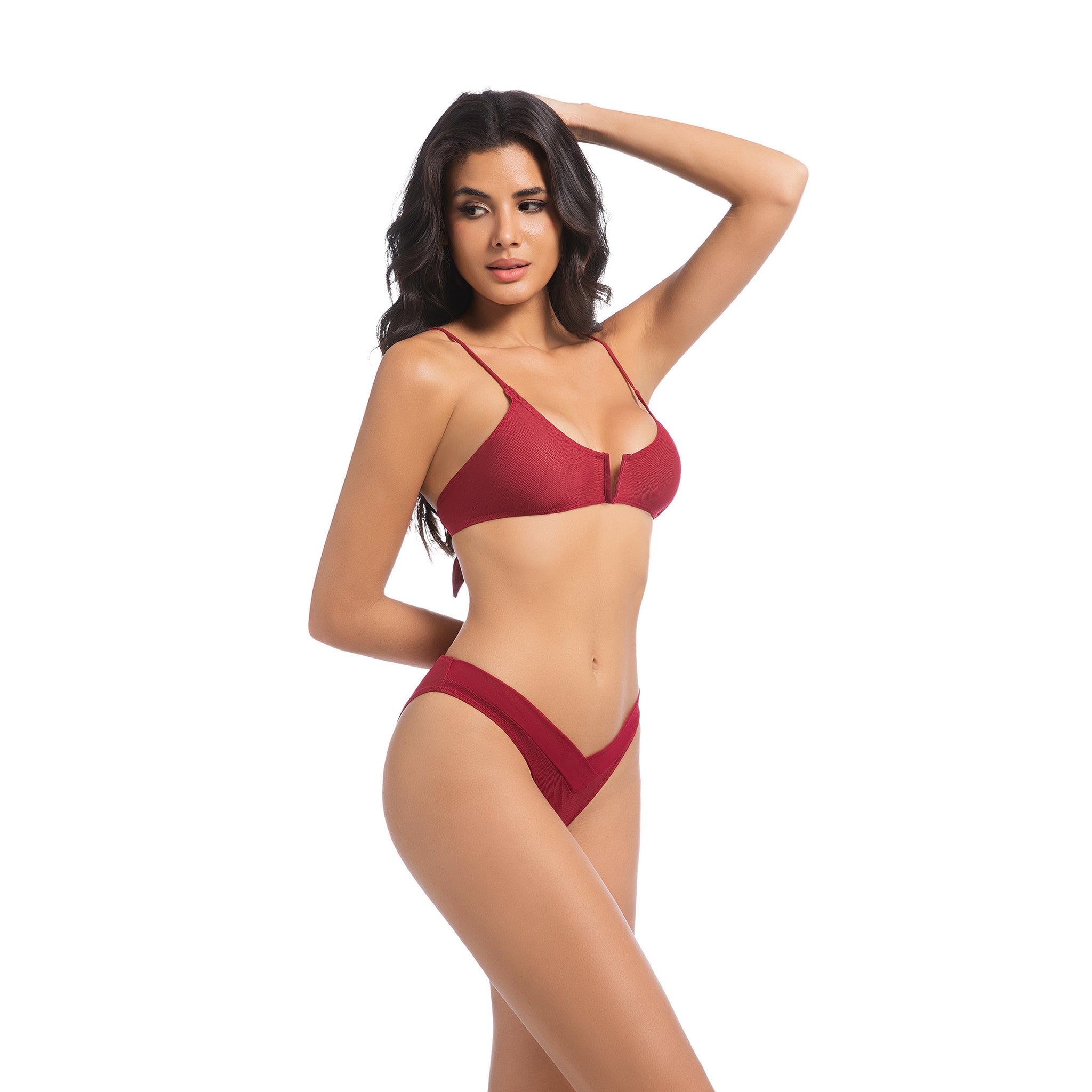Damen Tan Through Kirschroter Bikini-Set - Minimiert Bräunungslinien UV-durchlässiger 2-teiliger Damen Badeanzug - Gerippter V-Kerbe Schleifenverschluss Rücken & Geschichteter V-Bund Badeanzug
