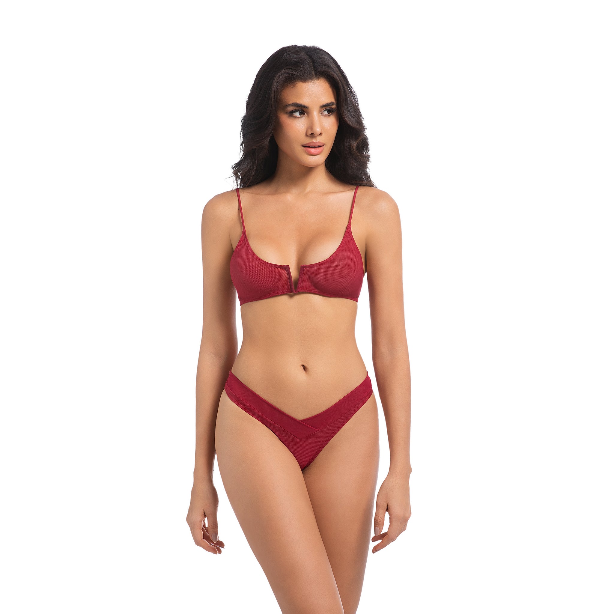 Damen Tan Through Kirschroter Bikini-Set - Minimiert Bräunungslinien UV-durchlässiger 2-teiliger Damen Badeanzug - Gerippter V-Kerbe Schleifenverschluss Rücken & Geschichteter V-Bund Badeanzug