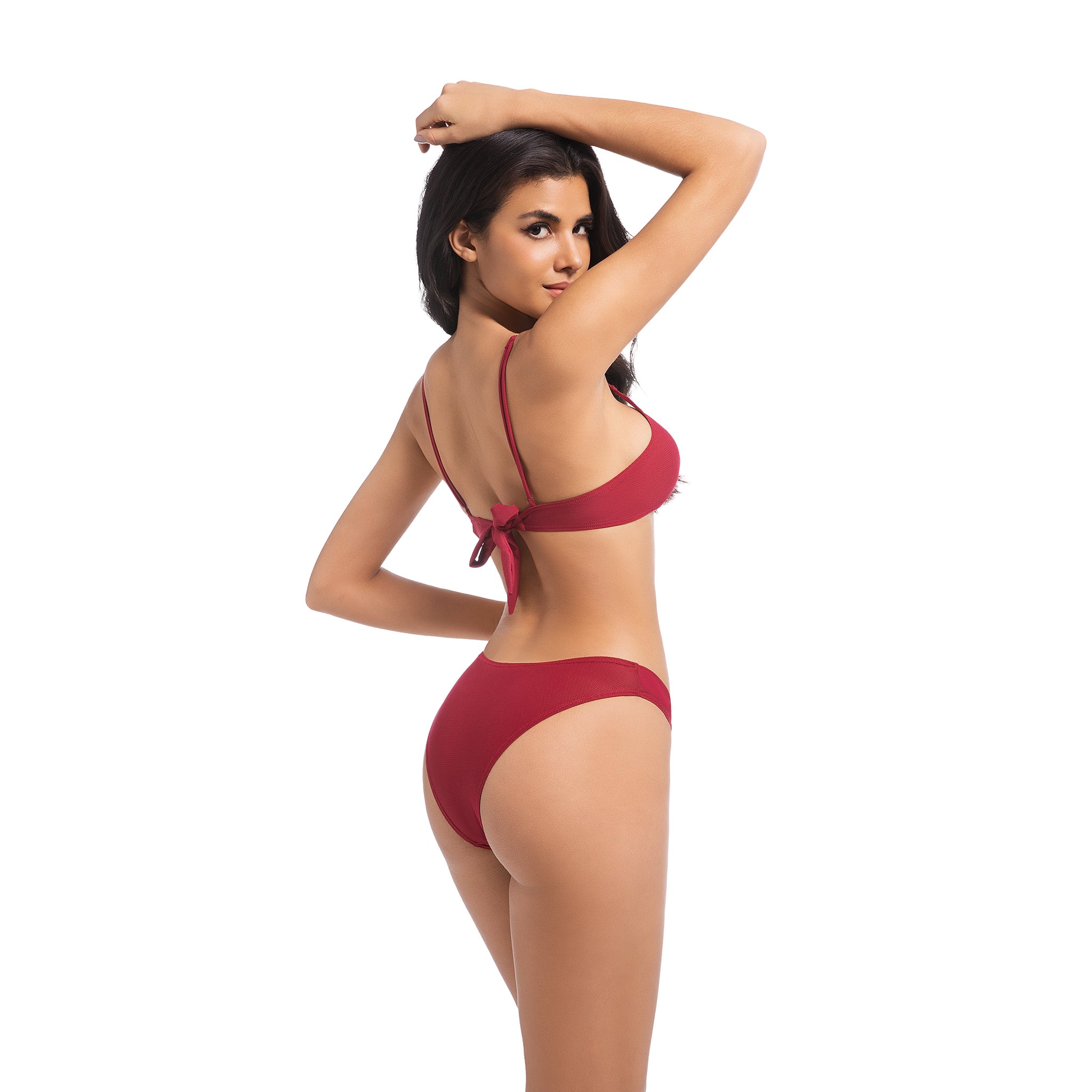 Damen Tan Through Kirschroter Bikini-Set - Minimiert Bräunungslinien UV-durchlässiger 2-teiliger Damen Badeanzug - Gerippter V-Kerbe Schleifenverschluss Rücken & Geschichteter V-Bund Badeanzug
