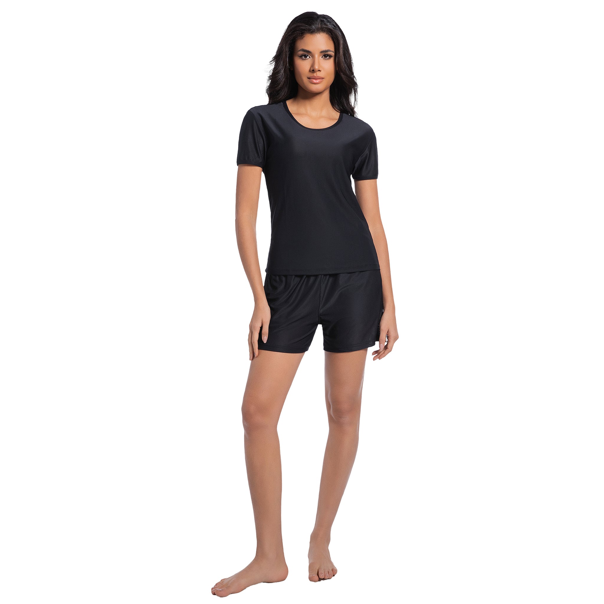 Damen blickdichtes Tan-Through-Set mit schwarzem Kurzarm-Oberteil und Shorts – sonnendurchlässige Mesh-Bademode für minimale Bräunungslinien, dezenter Rash Guard für Damen