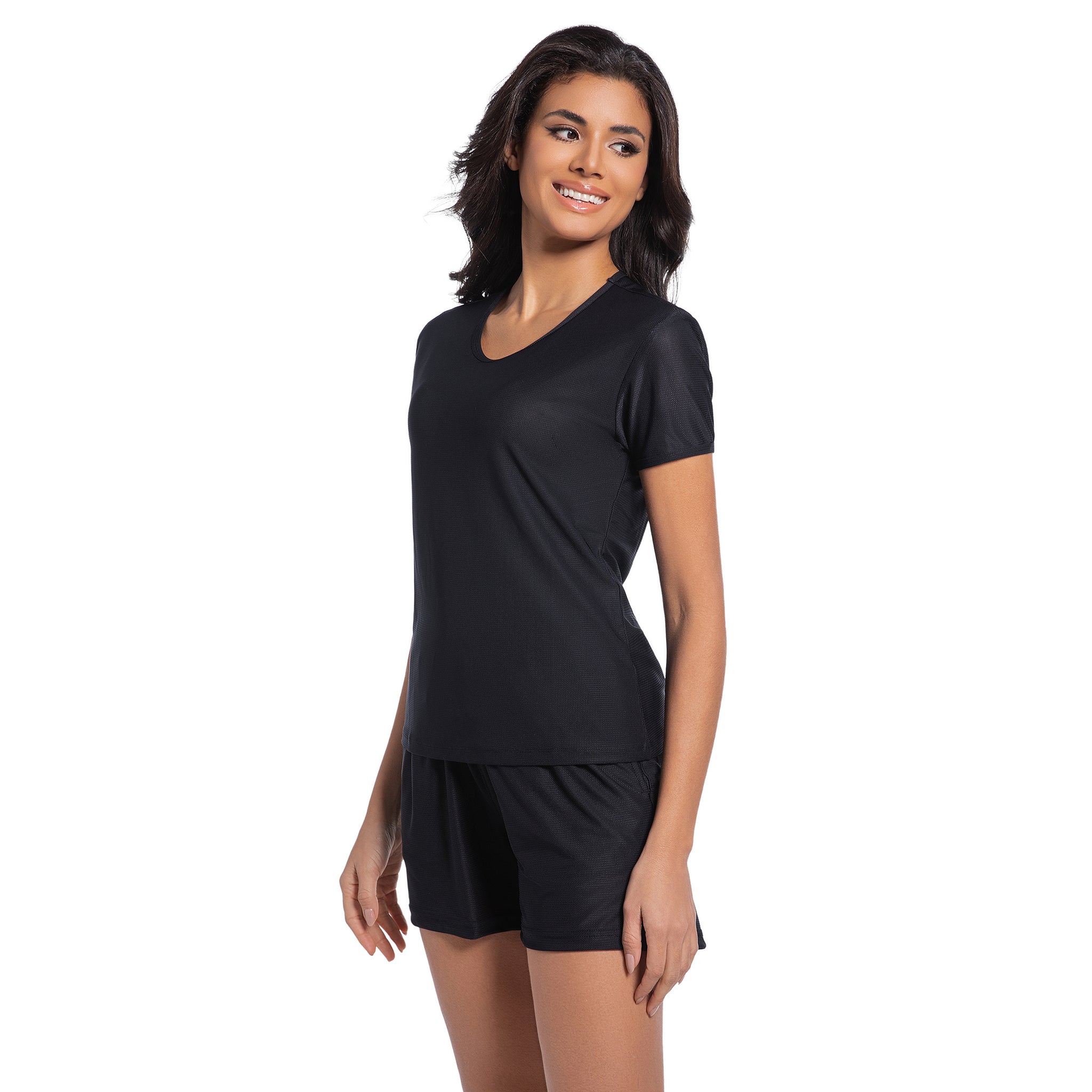 Damen blickdichtes Tan-Through-Set mit schwarzem Kurzarm-Oberteil und Shorts – sonnendurchlässige Mesh-Bademode für minimale Bräunungslinien, dezenter Rash Guard für Damen