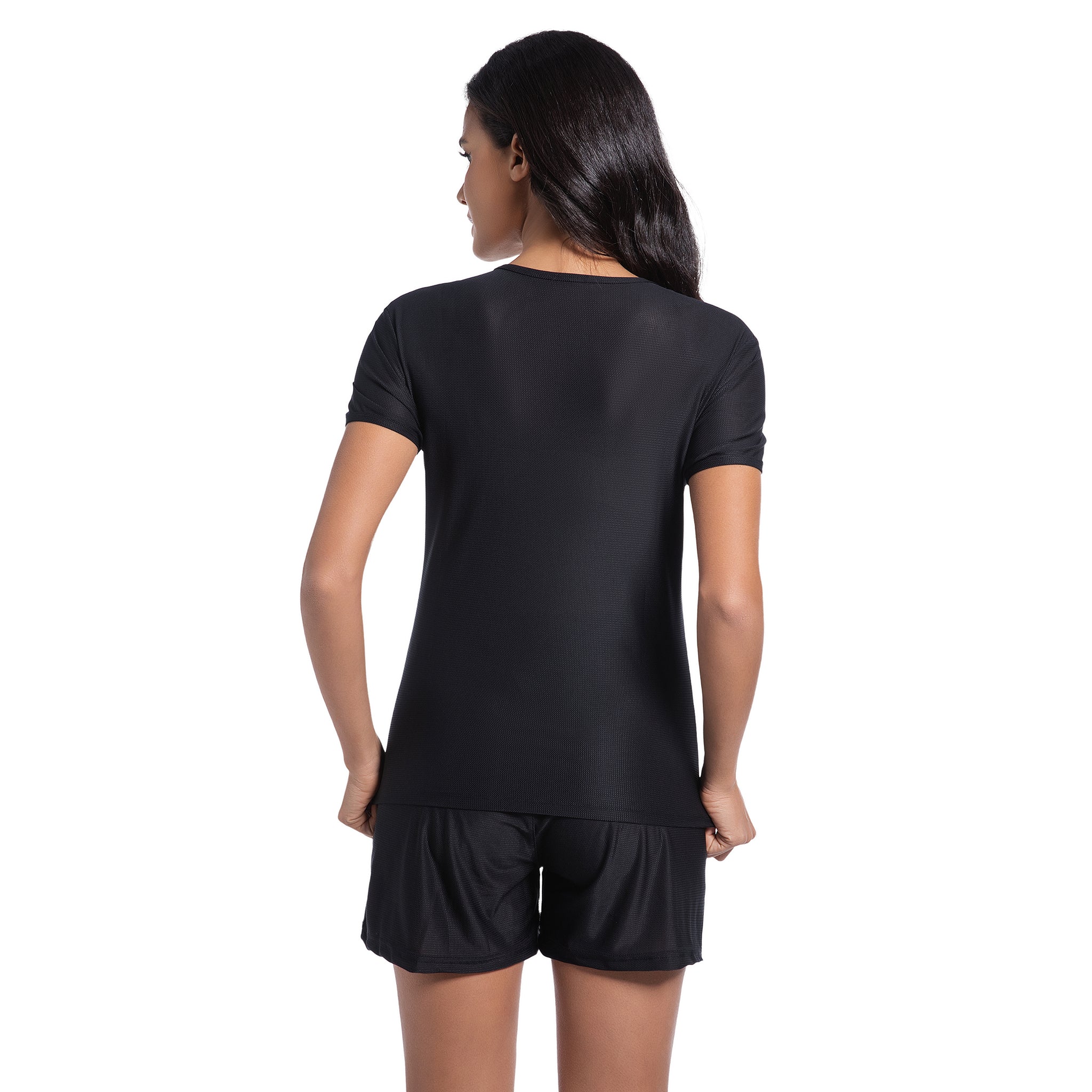 Damen blickdichtes Tan-Through-Set mit schwarzem Kurzarm-Oberteil und Shorts – sonnendurchlässige Mesh-Bademode für minimale Bräunungslinien, dezenter Rash Guard für Damen