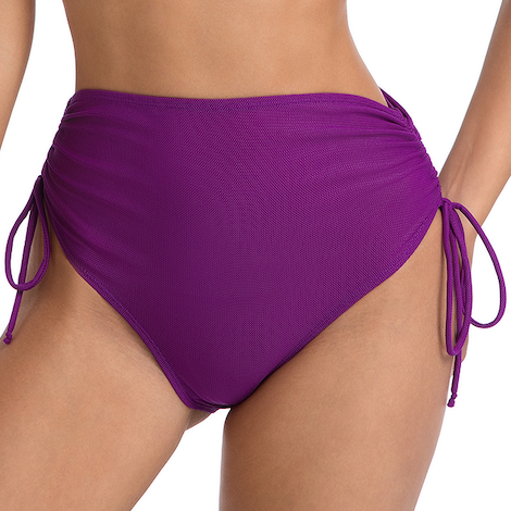 Hoch tailliertes gerafftes Bikini-Set Violett – Bräune-durchlässig Minimiert Bräunungsstreifen Knotendetail vorne Oberteil – Zweiteilige Bademode für Damen Einfarbiges lilafarbenes Badeanzug für Frauen