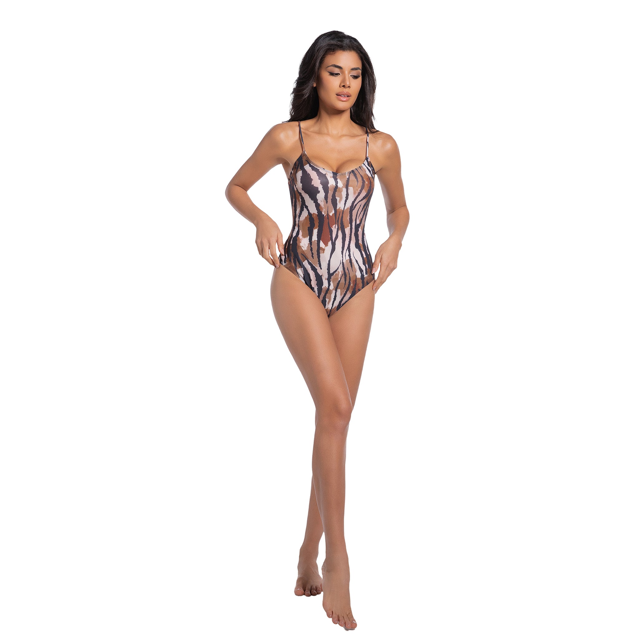 Abstrakter Tiger-Badeanzug für Damen, Tan Through, minimiert Bräunungsstreifen – Leo Scoop Neck Monokini – Einteiler mit hohem Beinausschnitt, bedruckte Strandmode für Damen