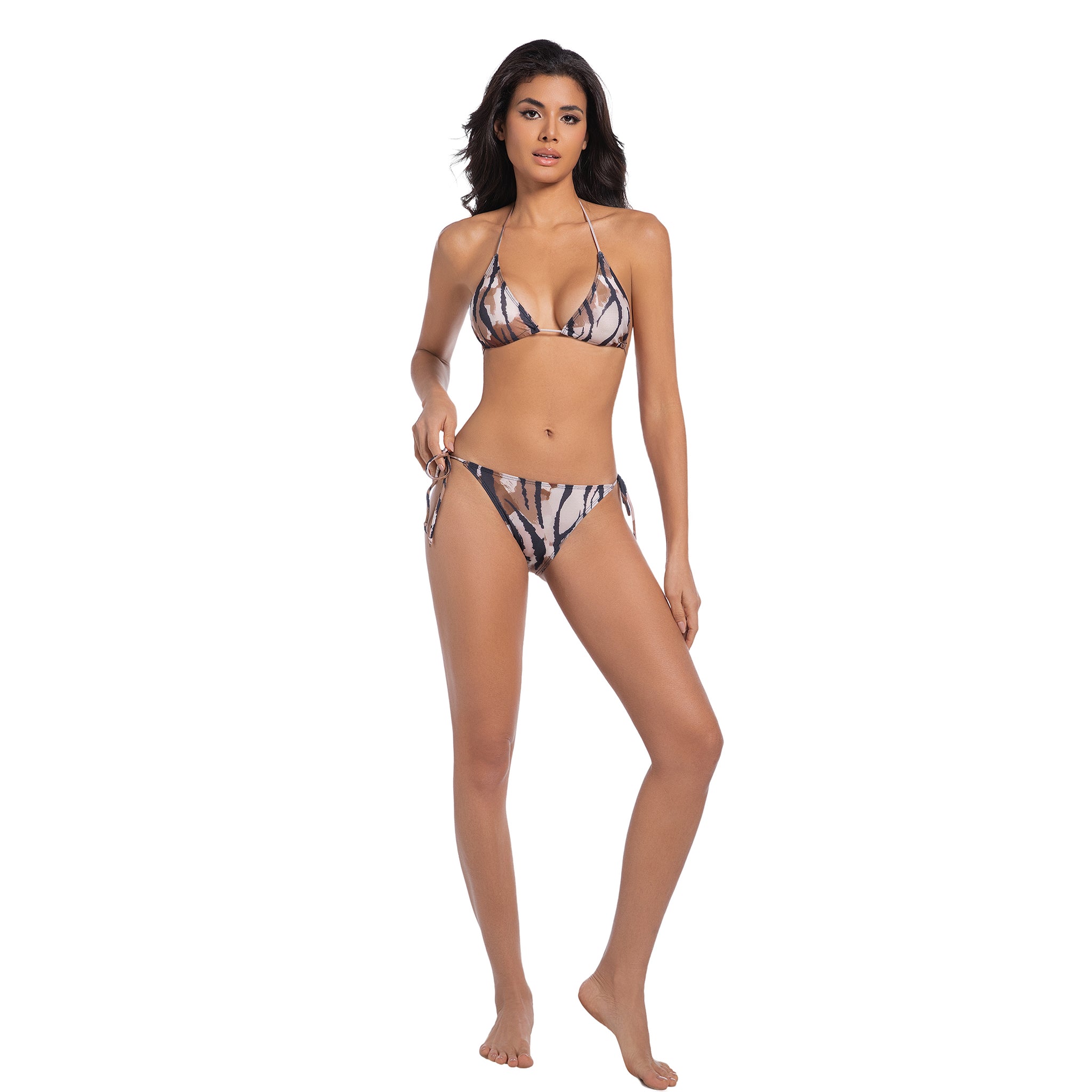 Zweiteilige Bademode für Damen, bräunungsdurchlässig, minimiert Bräunungslinien – Leo Triangel-Oberteil, knappe Seitenbindehose – bedruckte Strandmode, Damen Tiger-Badeanzug