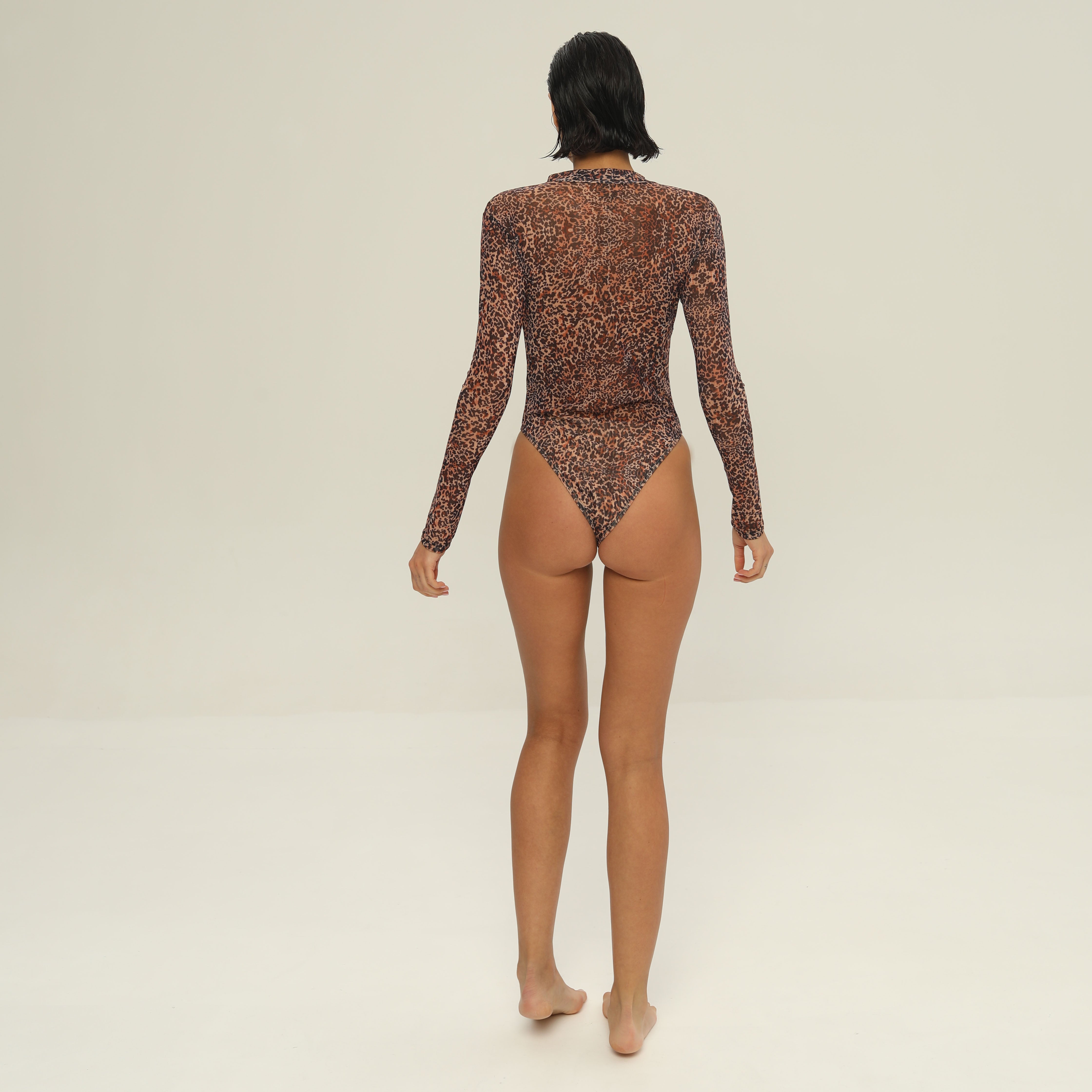Minimiert Bräunungslinien: Bräunungsfreundlicher Body – Halb-Zip Stehkragen Leo-Animal-Print Badeanzug für Damen – Langärmliger Mesh-Überwurf Damen Strandbekleidung