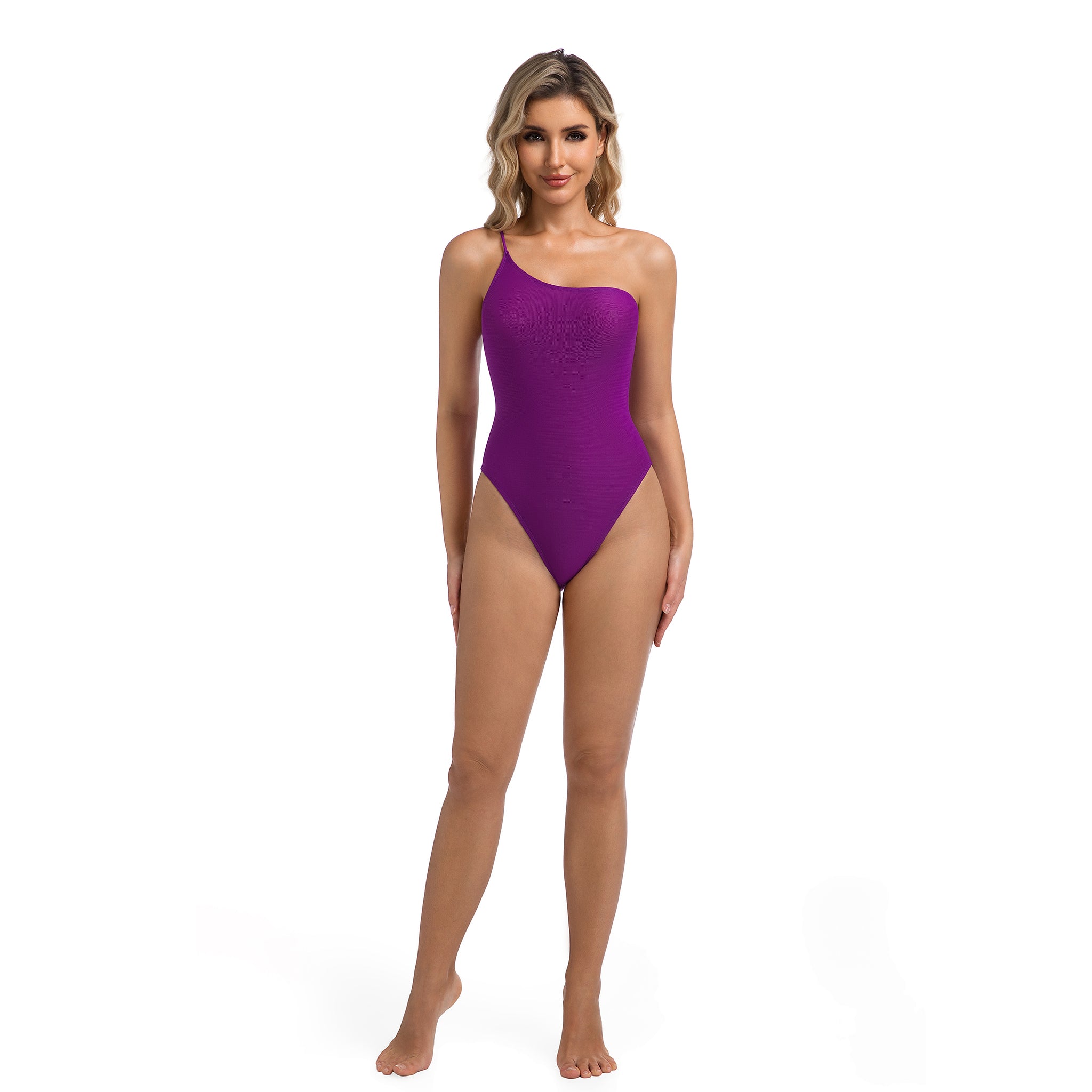 Nahtlose Bräune Tan-Through Einteiler Badeanzug für Damen Violett One Shoulder - Hoher Beinausschnitt Geripptes Monokini - Asymmetrischer Zeitgenössischer Bodycon-Badeanzug Damen Resort-Bekleidung