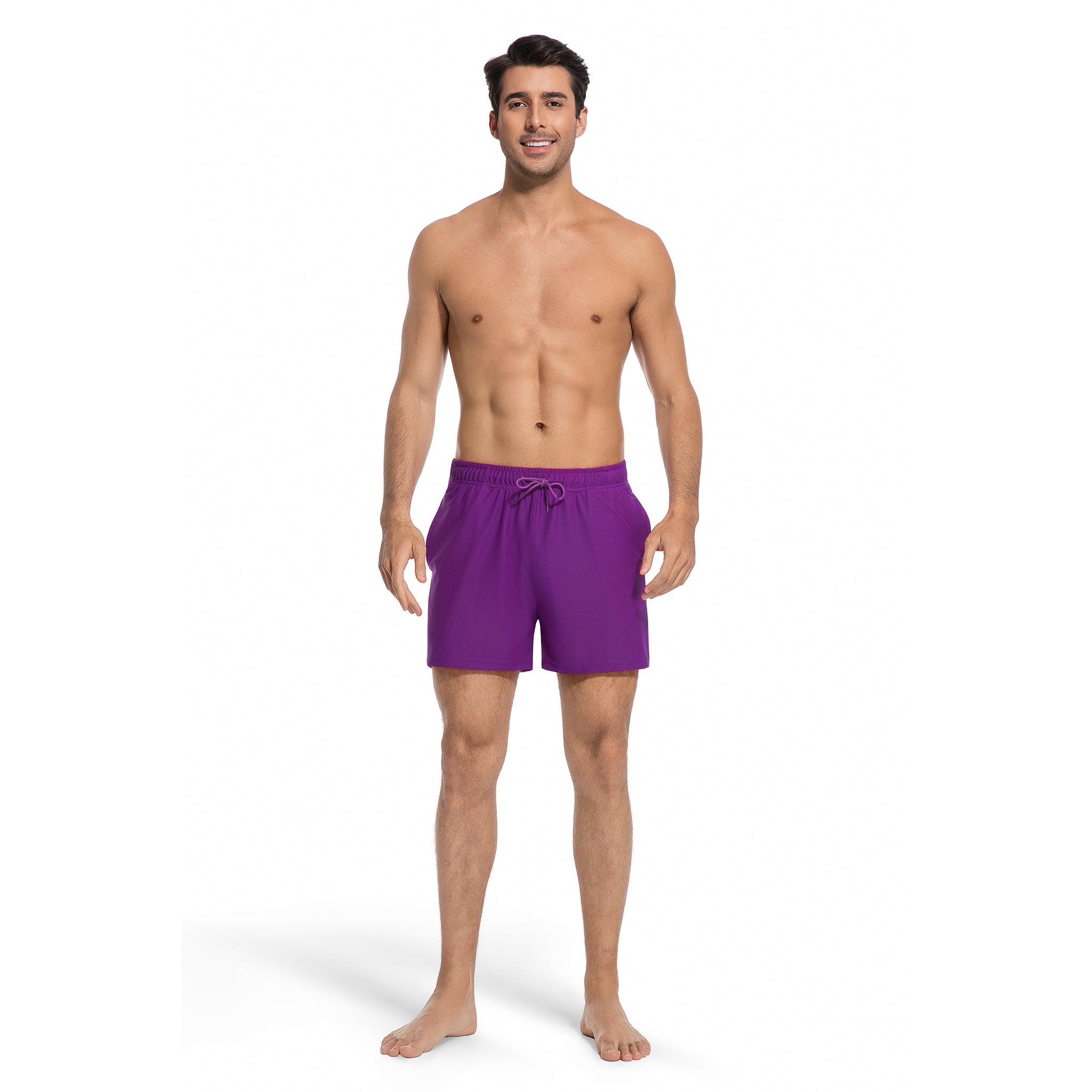 Lila Herren-Tan-Through-Badehose – Minimiert Sonnenbrand, schnell trocknend, für Herren, Strandschwimmhose – UV-durchlässige Herren-Bademode mit Taschen
