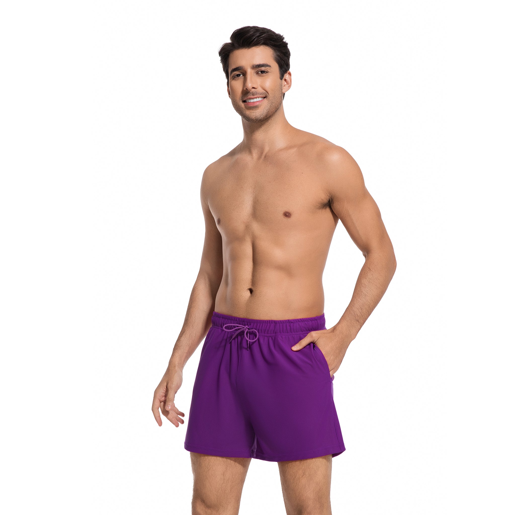 Lila Herren-Tan-Through-Badehose – Minimiert Sonnenbrand, schnell trocknend, für Herren, Strandschwimmhose – UV-durchlässige Herren-Bademode mit Taschen
