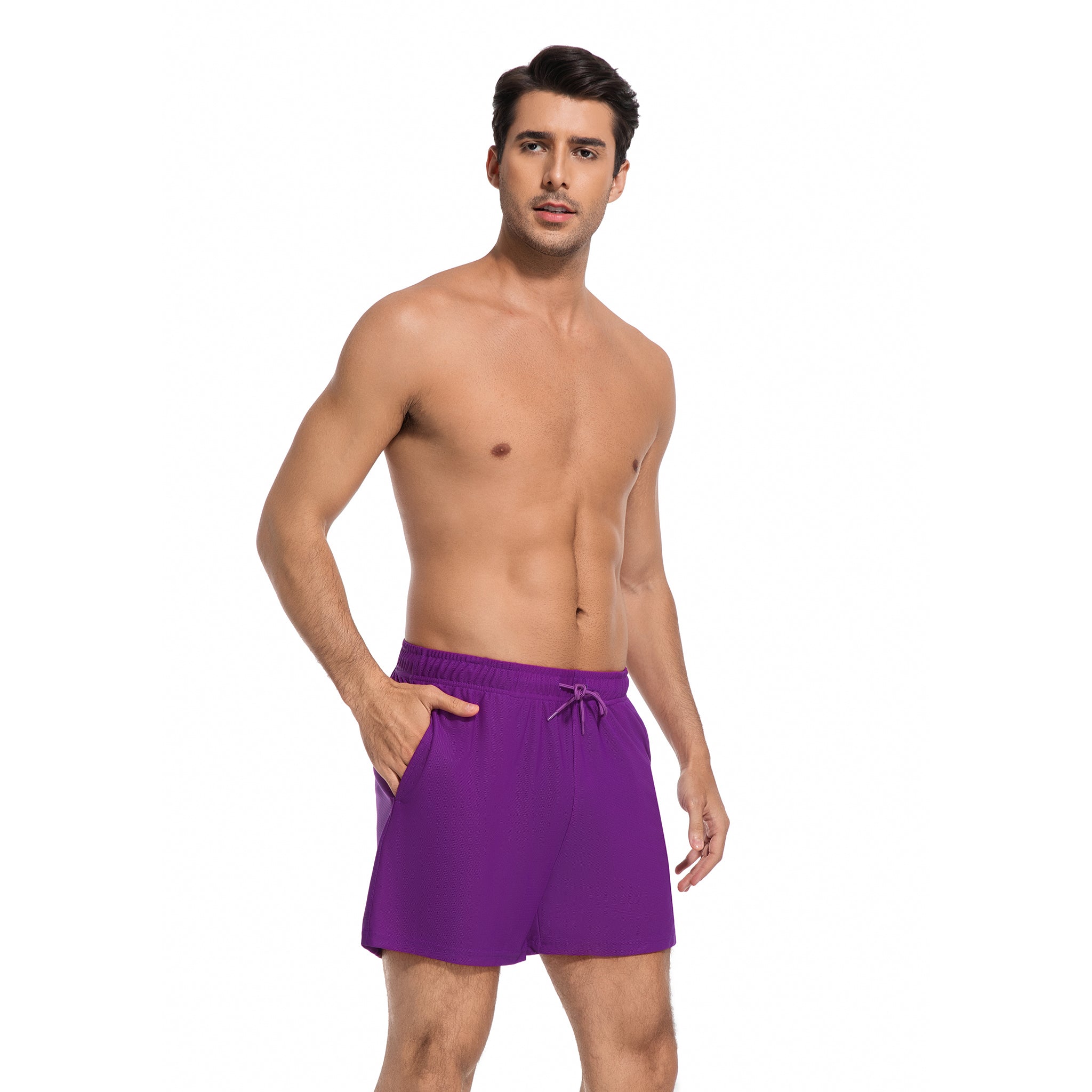 Lila Herren-Tan-Through-Badehose – Minimiert Sonnenbrand, schnell trocknend, für Herren, Strandschwimmhose – UV-durchlässige Herren-Bademode mit Taschen
