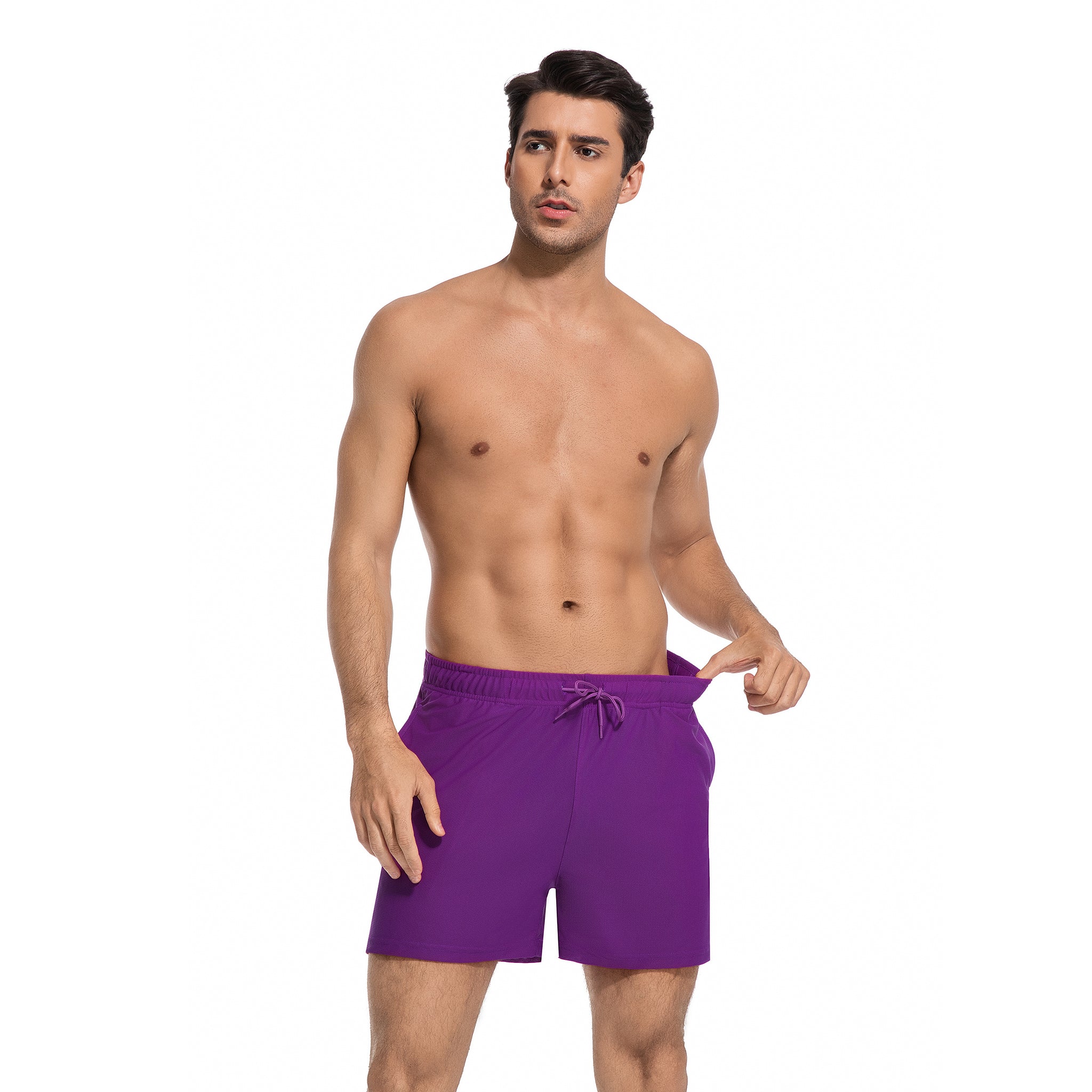 Lila Herren-Tan-Through-Badehose – Minimiert Sonnenbrand, schnell trocknend, für Herren, Strandschwimmhose – UV-durchlässige Herren-Bademode mit Taschen