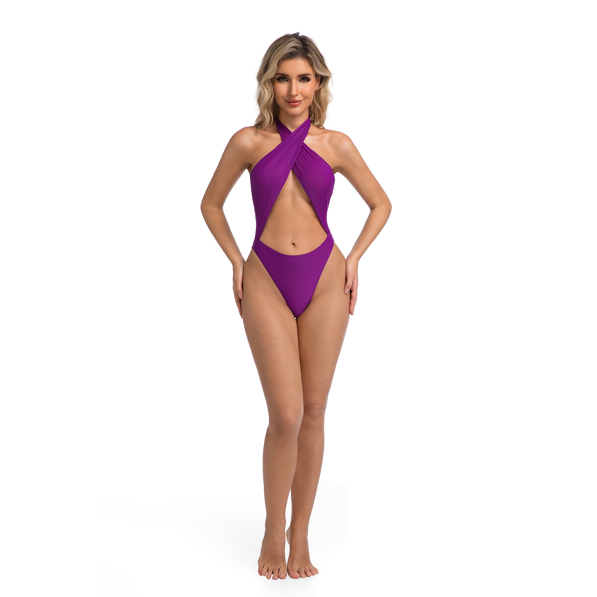 Crisscross Neckholder Cutout Monokini Violett Gerippter Stoff – Minimiert Bräunungsstreifen Bräunungsfreundlicher Einteiler für Damen – Hoher Beinausschnitt Frecher Badeanzug für Damen Auffälliger Front-Cut-Out Resort Wear Damen