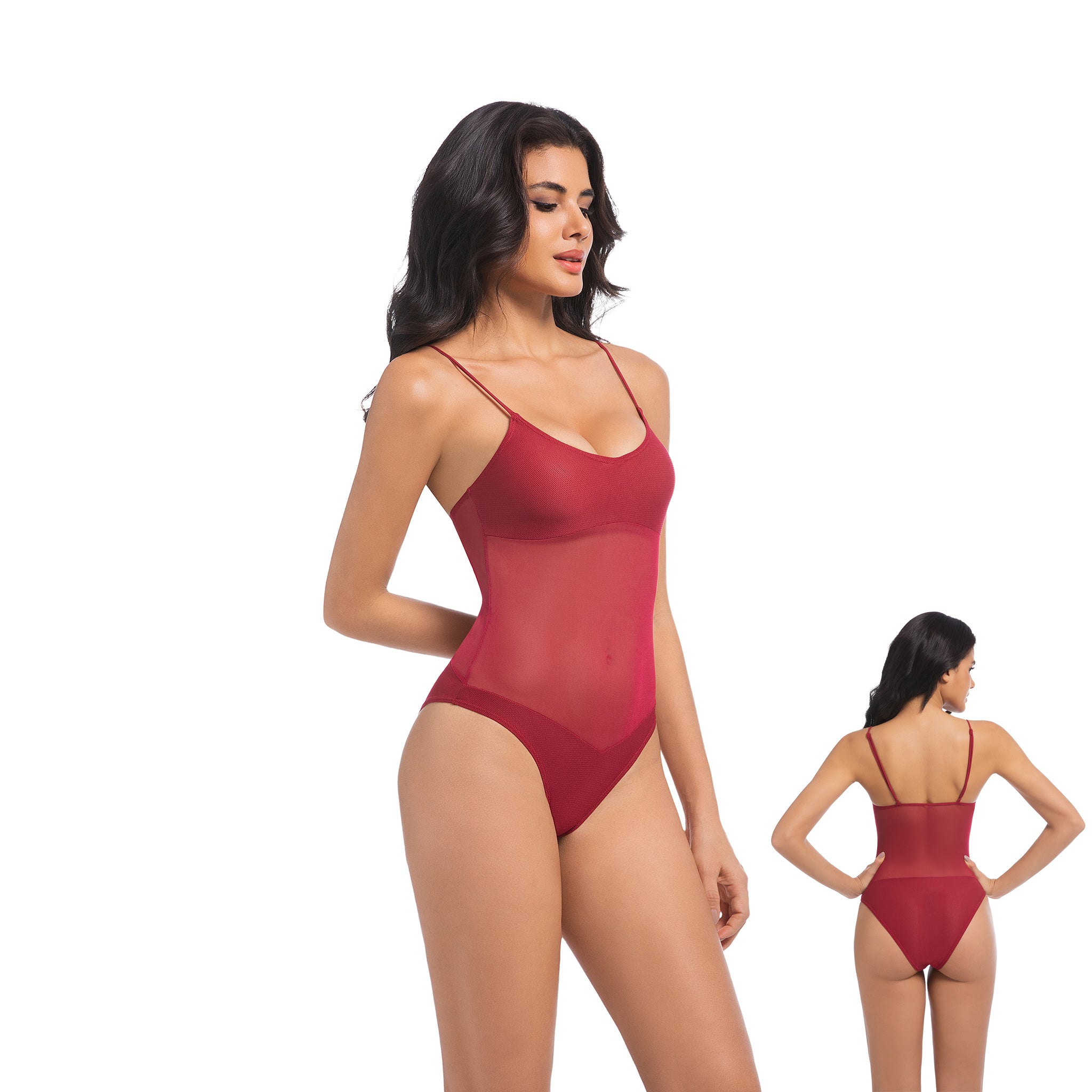 Damen Kirschrot Tan Through Einteiliger Badeanzug - Sheer Mesh Midriff Badeanzug - Minimiert Bräunungslinien UV-Durchlässig Damen Gerippter Rundhals Hochgeschnittene Bademode