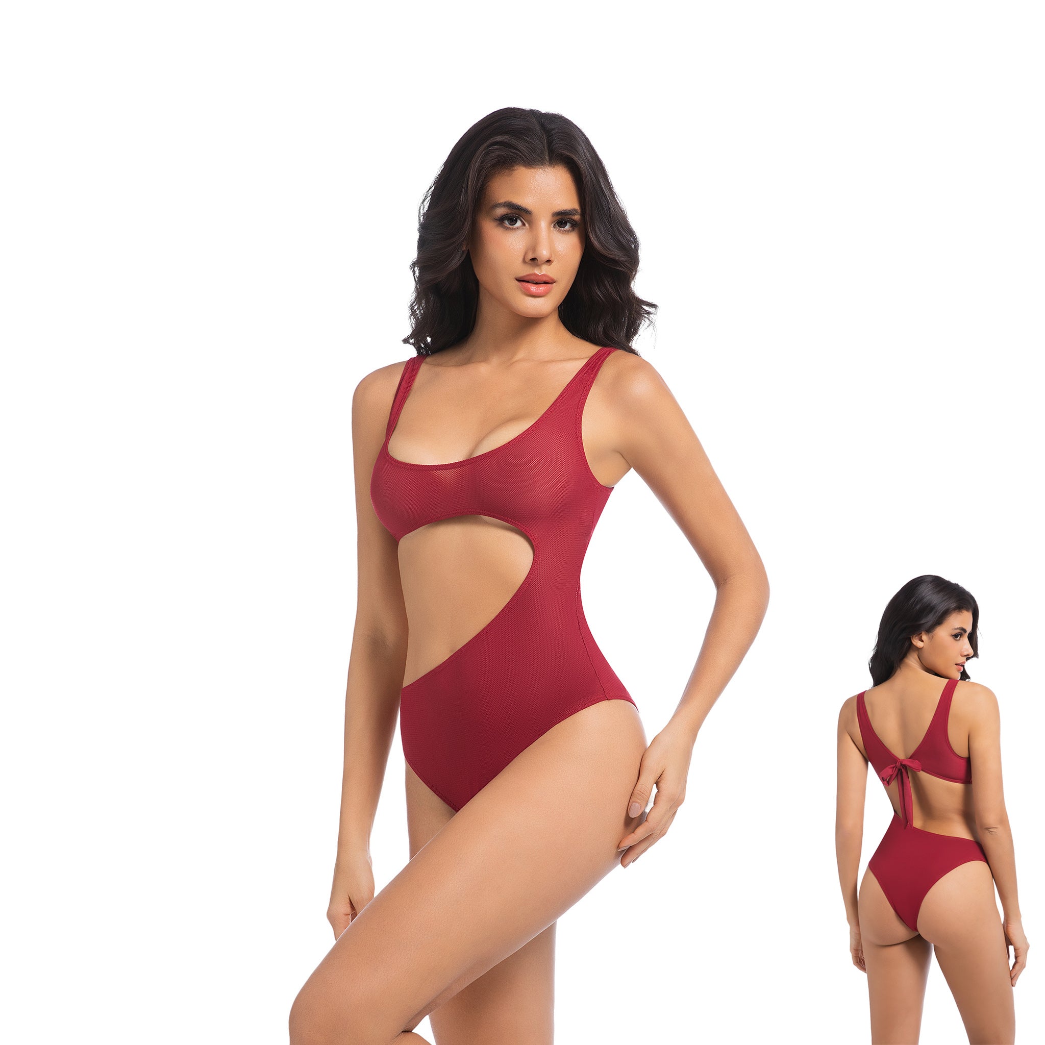 Damen Kirschrot Tan-Through Badeanzug Einteiler – Asymmetrischer seitlicher Cut-Out Badeanzug – Minimiert Bräunungsstreifen UV-durchlässiger Damen-Badeanzug mit gerippter Schnürung und hohem Beinausschnitt