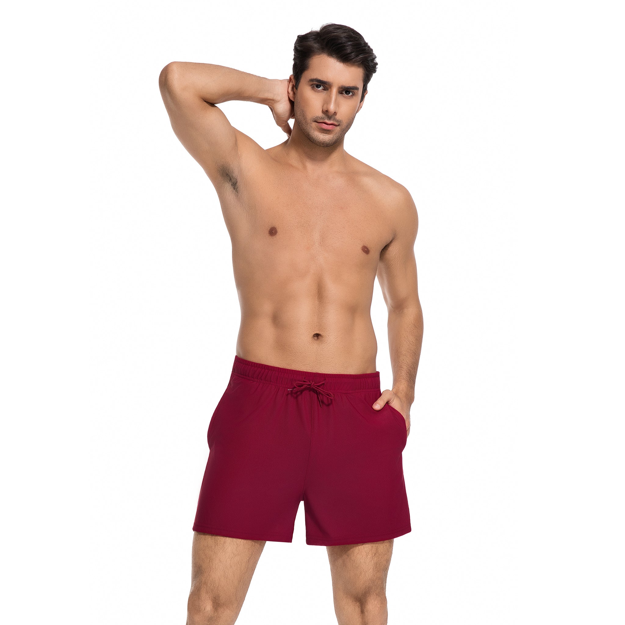 Weinrote Herren Tan Through Badehose - Minimiert Bräunungsstreifen Herren Badeshorts - UV-durchlässige schnelltrocknende Herren-Bademode mit Taschen