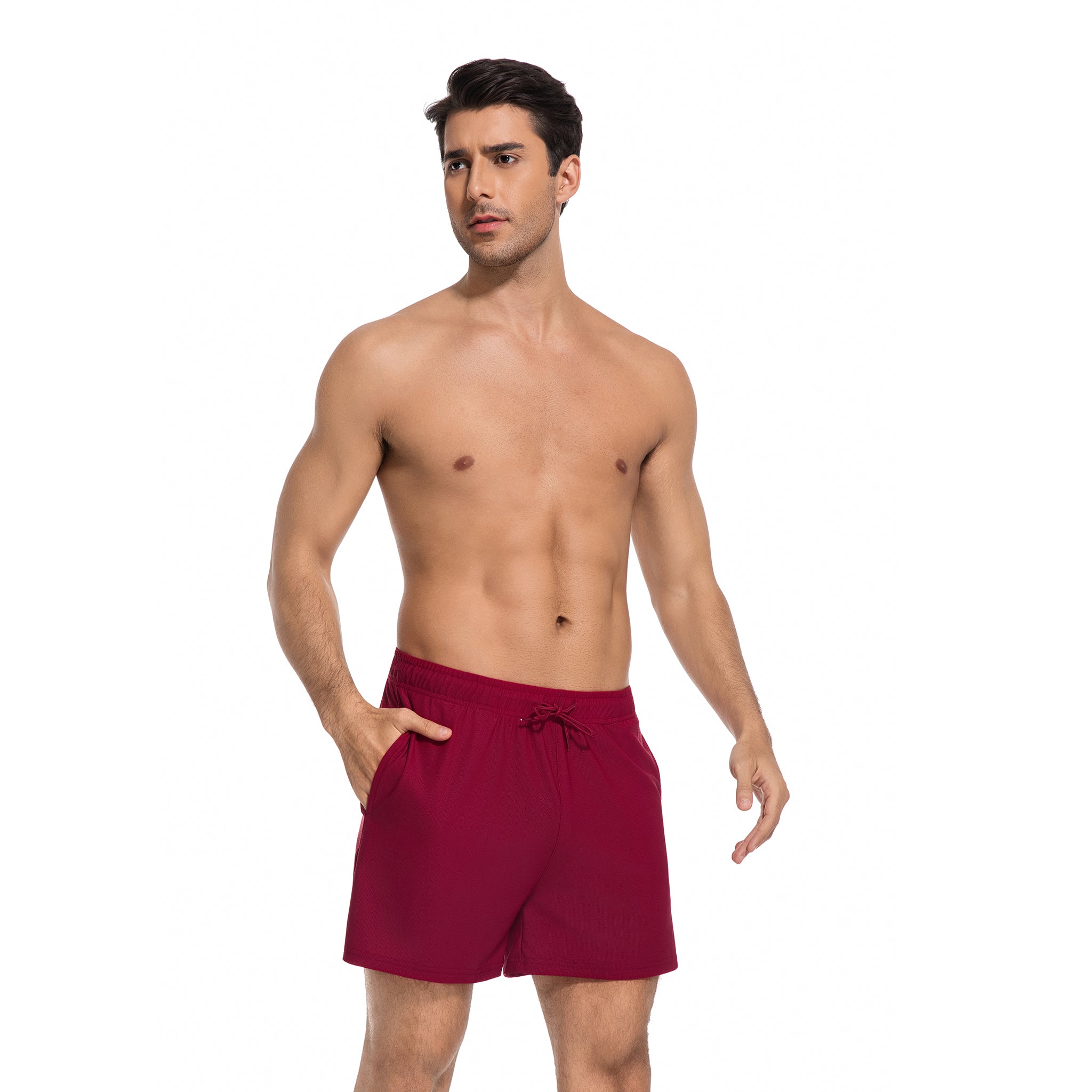 Weinrote Herren Tan Through Badehose - Minimiert Bräunungsstreifen Herren Badeshorts - UV-durchlässige schnelltrocknende Herren-Bademode mit Taschen