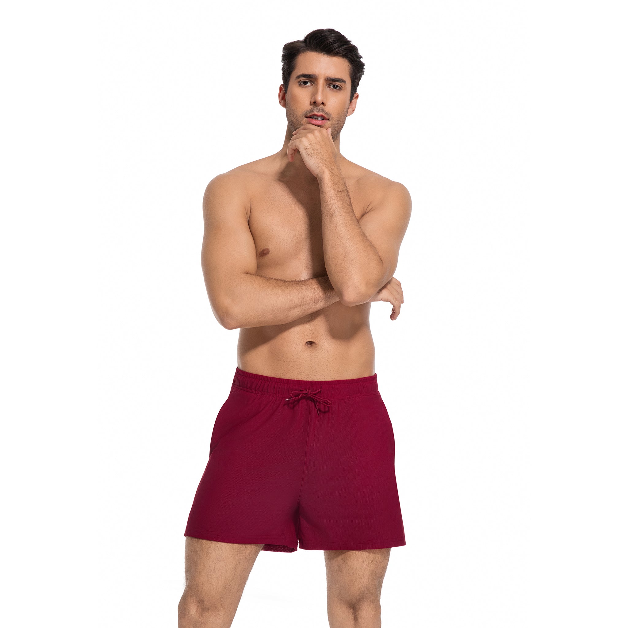 Weinrote Herren Tan Through Badehose - Minimiert Bräunungsstreifen Herren Badeshorts - UV-durchlässige schnelltrocknende Herren-Bademode mit Taschen