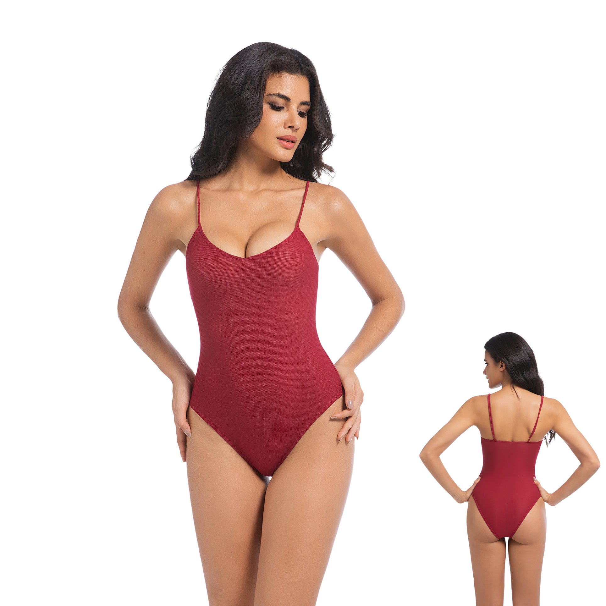 Damen Kirschroter Tan-Through Einteiler – Gerippter Badeanzug mit V-Ausschnitt – Minimiert Bräunungsstreifen UV-durchlässige Damen High-Cut Elegante Bademode