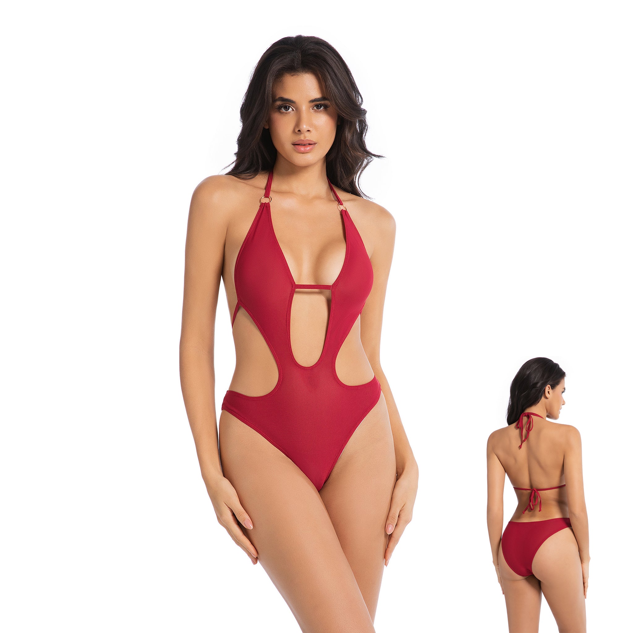 Damen kirschroter, bräunungsfreundlicher Einteiler – Badeanzug mit Goldring, Neckholder und Cut-Outs – Minimiert Bräunungsstreifen, UV-durchlässig, gerippter Damen-Badeanzug mit tiefem V und hohem Beinausschnitt