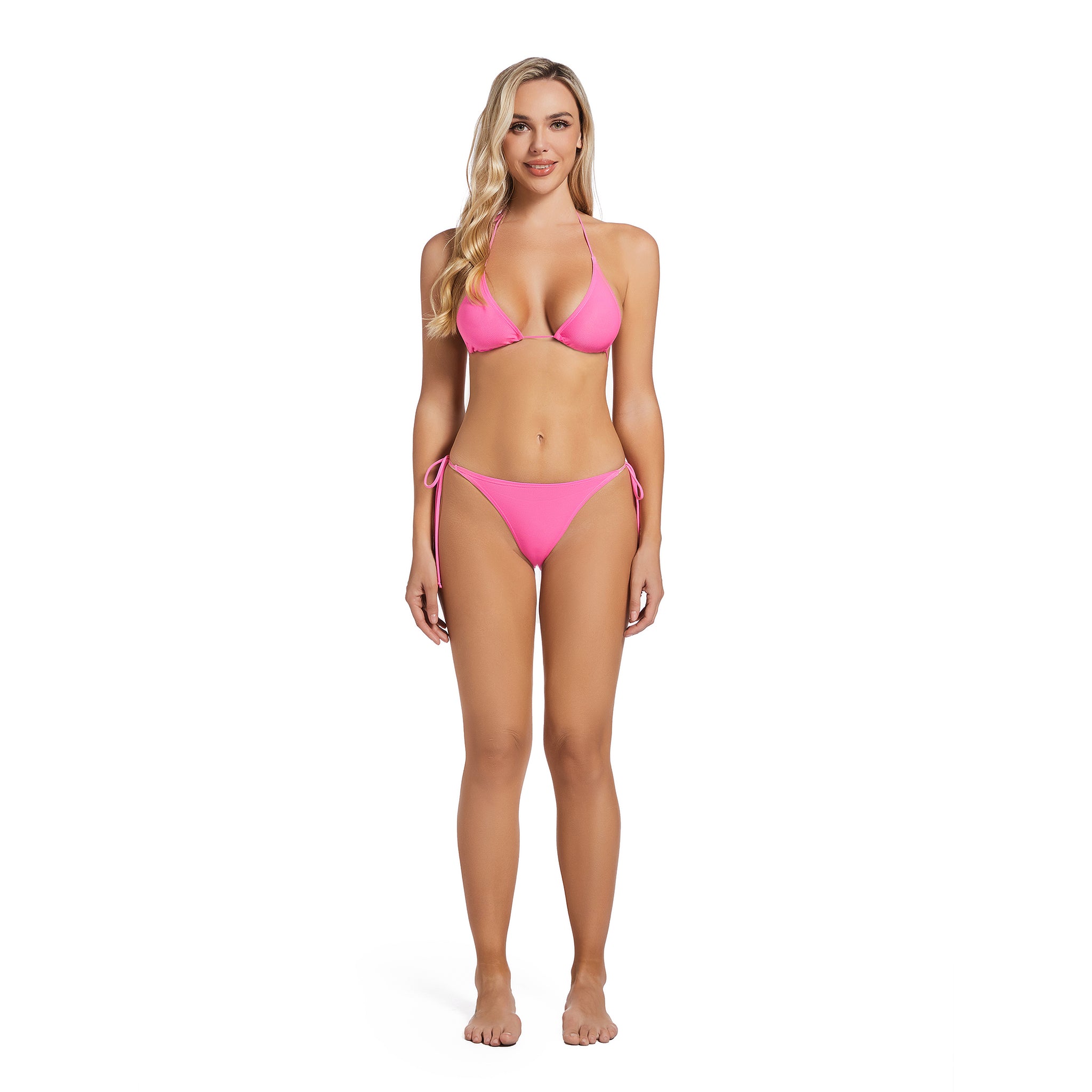 Tan-Through Pink Bikini-Set – Minimiert Bräunungsstreifen Neckholder Triangel Bikini für Damen – Gerippter seitlich gebundener Zweiteiler für Damen Resort Wear