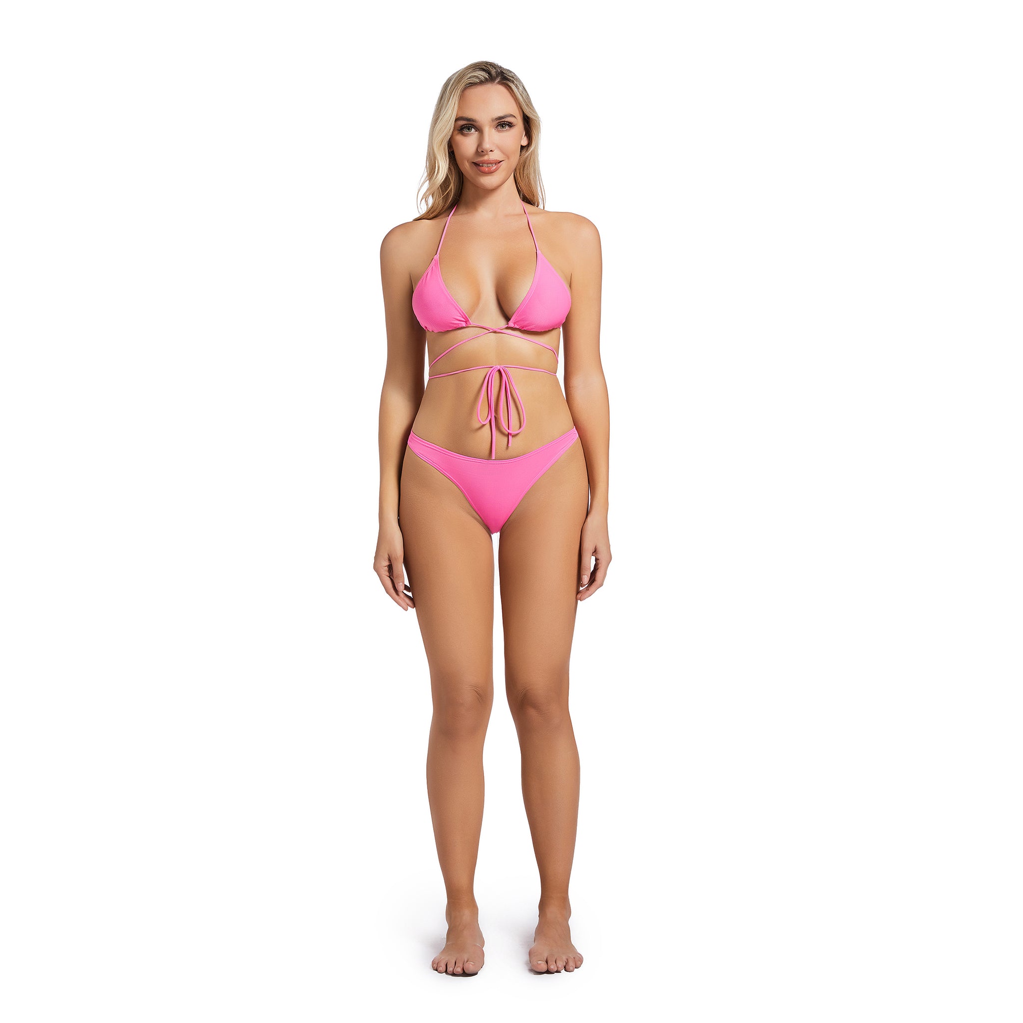 Wickel-Neckholder-Badeanzug für Damen – Gerippter pinker Triangel-Zweiteiler – Minimiert Bräunungsstreifen, Damen High-Leg Tan-Through Bikini-Set, Strandbekleidung für Frauen