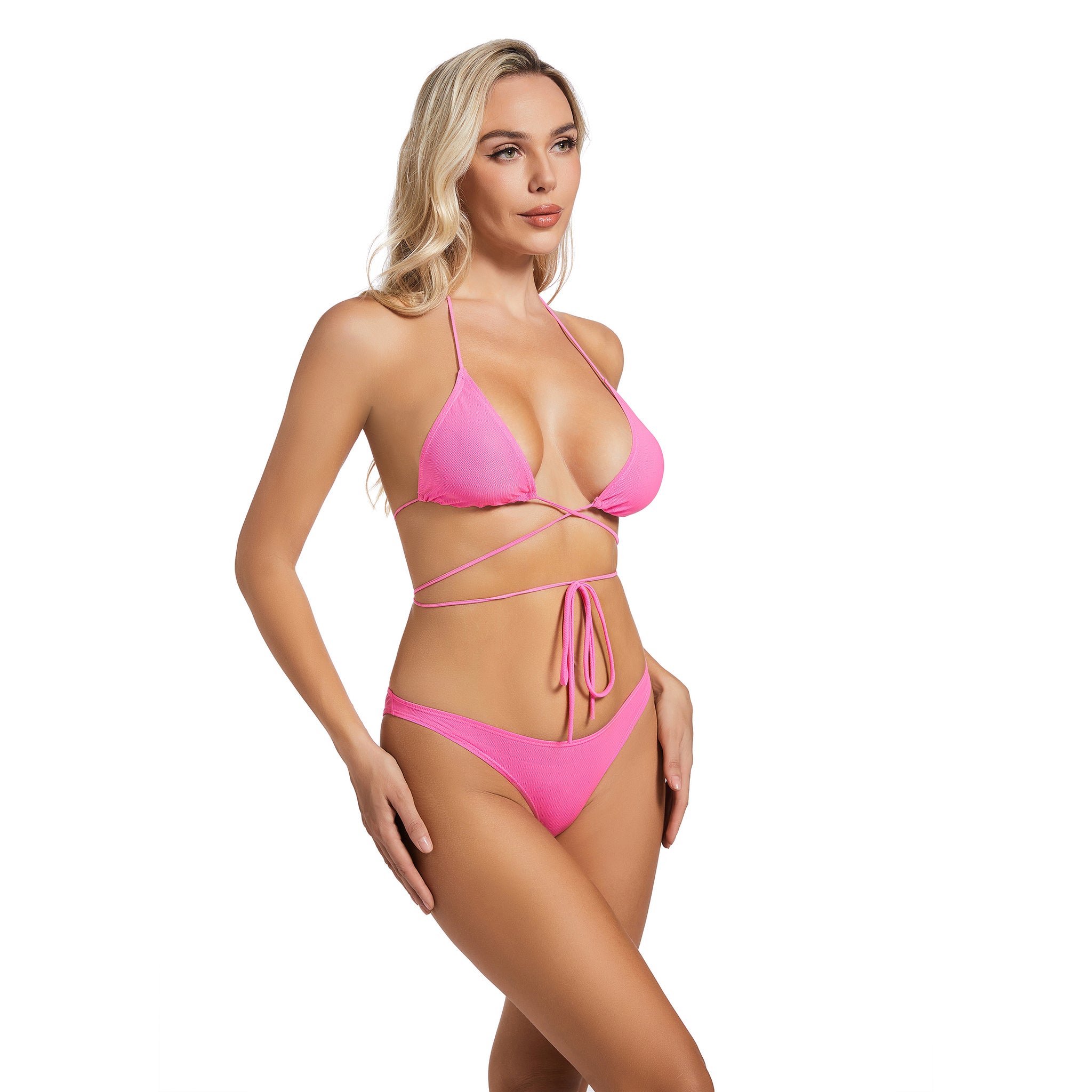 Wickel-Neckholder-Badeanzug für Damen – Gerippter pinker Triangel-Zweiteiler – Minimiert Bräunungsstreifen, Damen High-Leg Tan-Through Bikini-Set, Strandbekleidung für Frauen