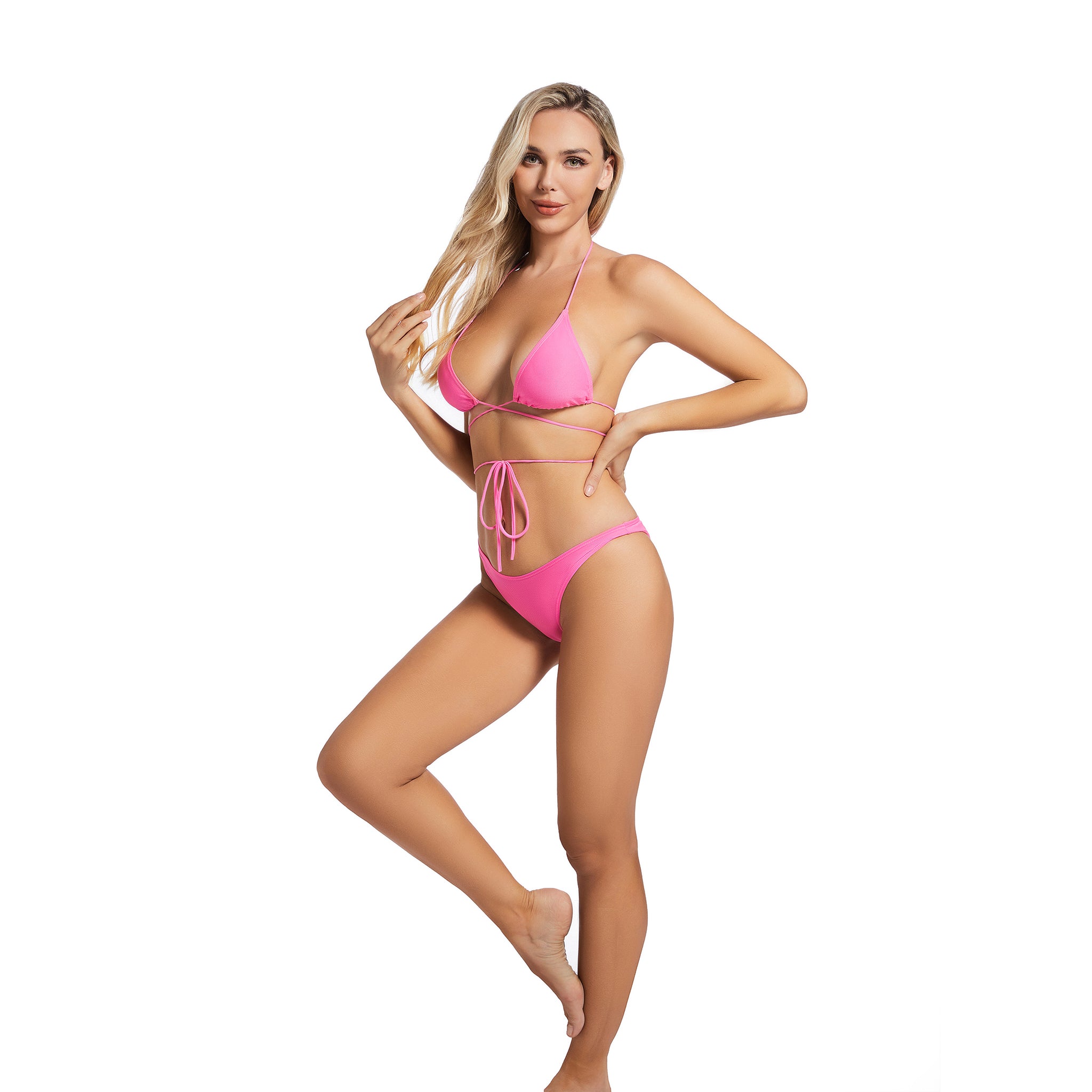 Wickel-Neckholder-Badeanzug für Damen – Gerippter pinker Triangel-Zweiteiler – Minimiert Bräunungsstreifen, Damen High-Leg Tan-Through Bikini-Set, Strandbekleidung für Frauen