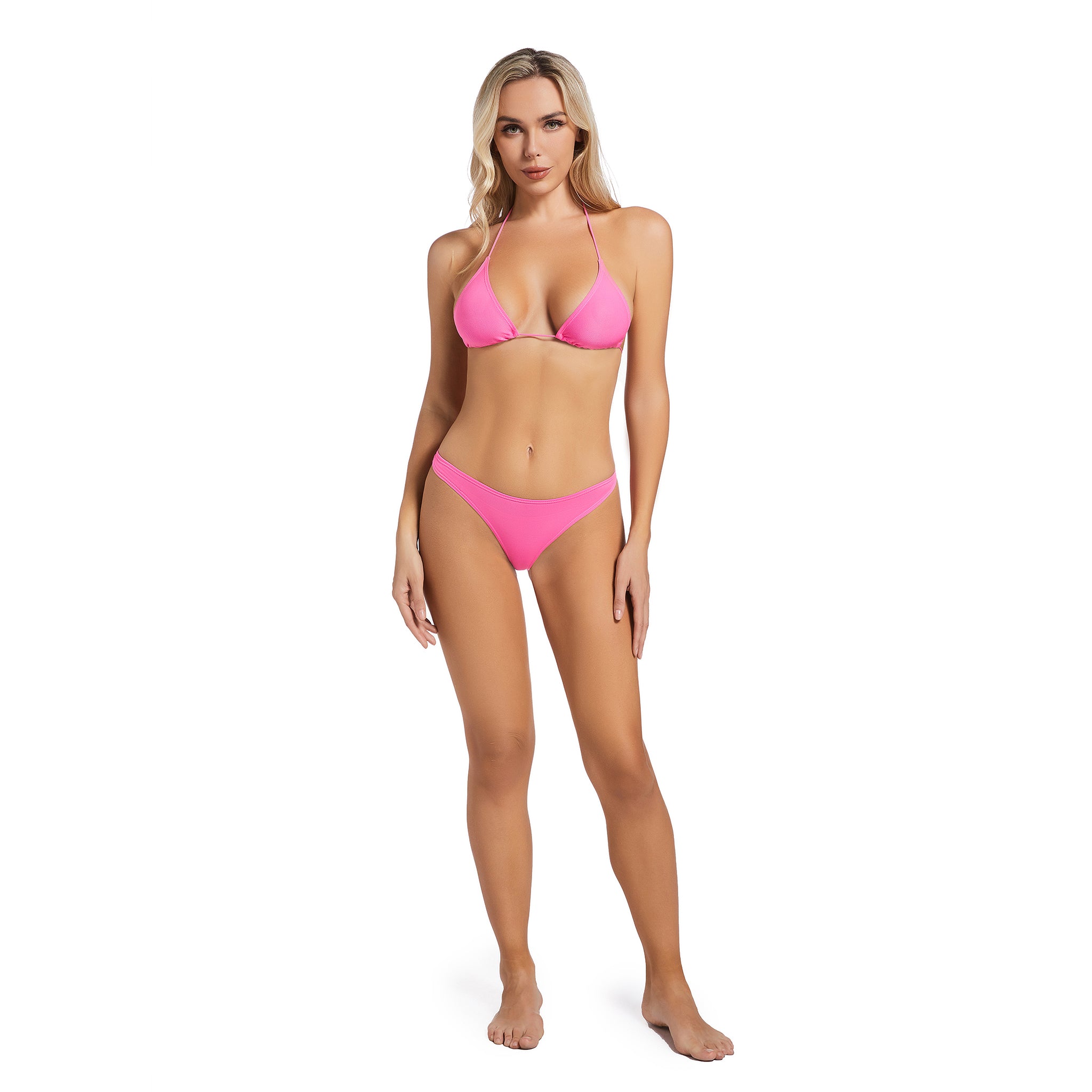 High Leg Mid-Rise Damen-Badeanzug – Bräunt Durch Minimiert Bräunungslinien Rosa Neckholder Dreieck Zweiteiler – Gerippter Badeanzug für Damen Bikini-Set