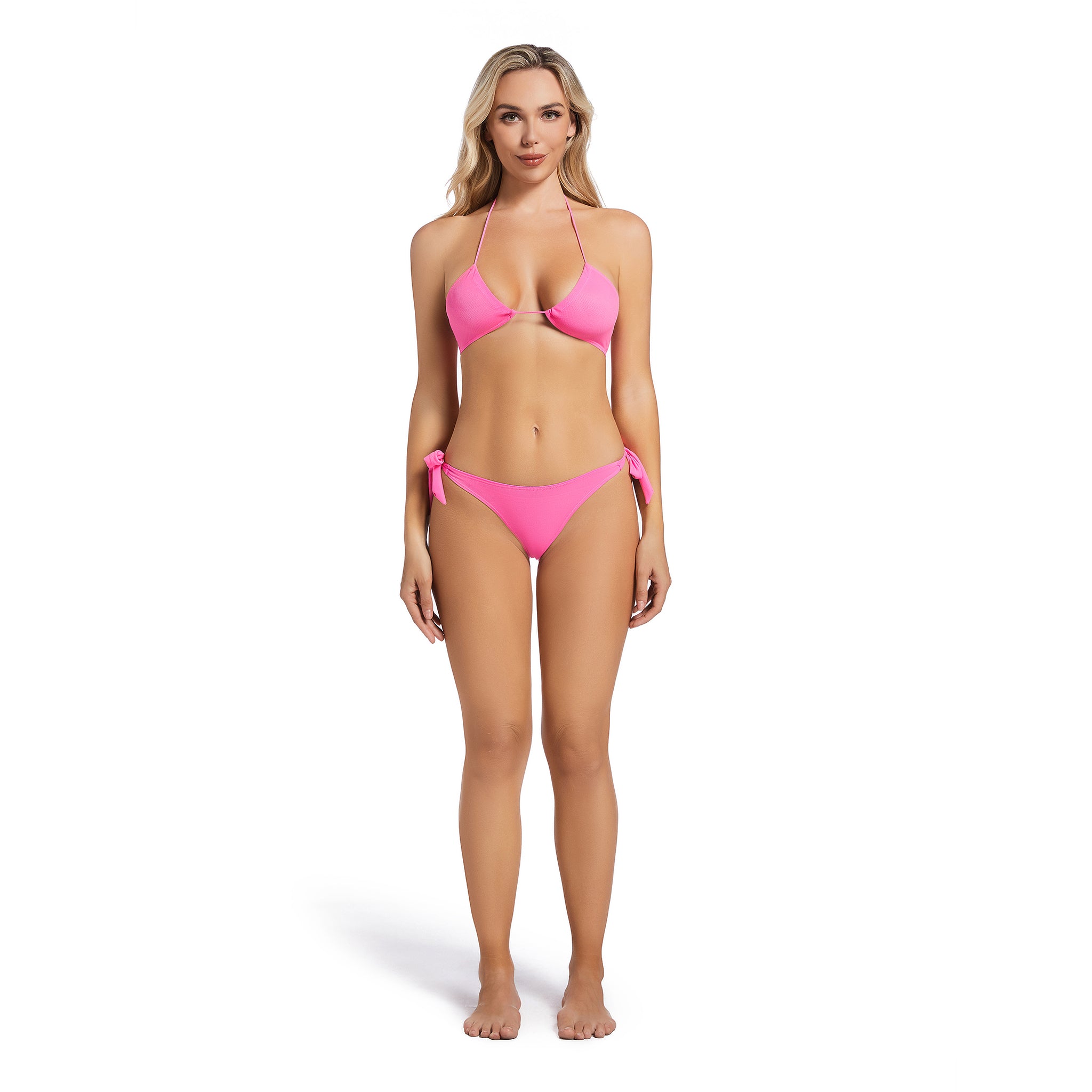 Femininer Neckholder-Badeanzug mit Doppelschleife – Gerippter seitlicher Schnürung rosa Zweiteiler – Bräunungsdurchlässiges Bikini-Set für Damen, das Bräunungslinien minimiert