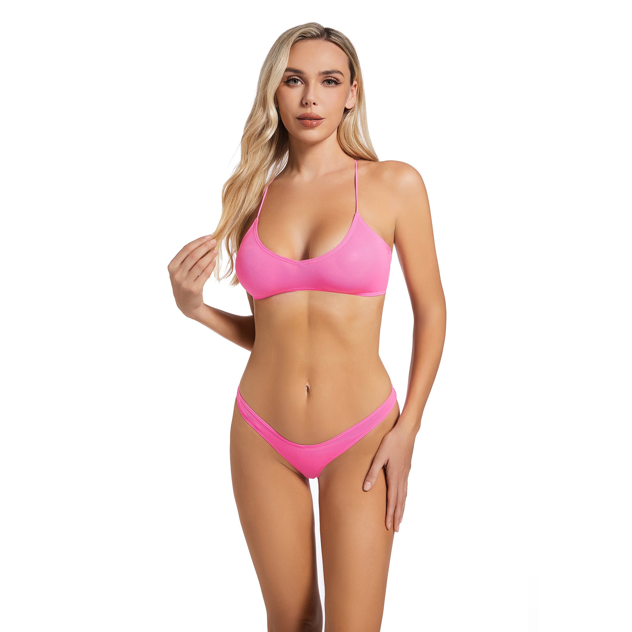 Damen-Bademode mit Rundhalsausschnitt und überkreuztem Rücken – Rosa zweiteiliger Badeanzug für Damen – Bräunungsfreundlicher Bikini-Set mit minimierten Bräunungslinien, gerippt und hohem Beinausschnitt