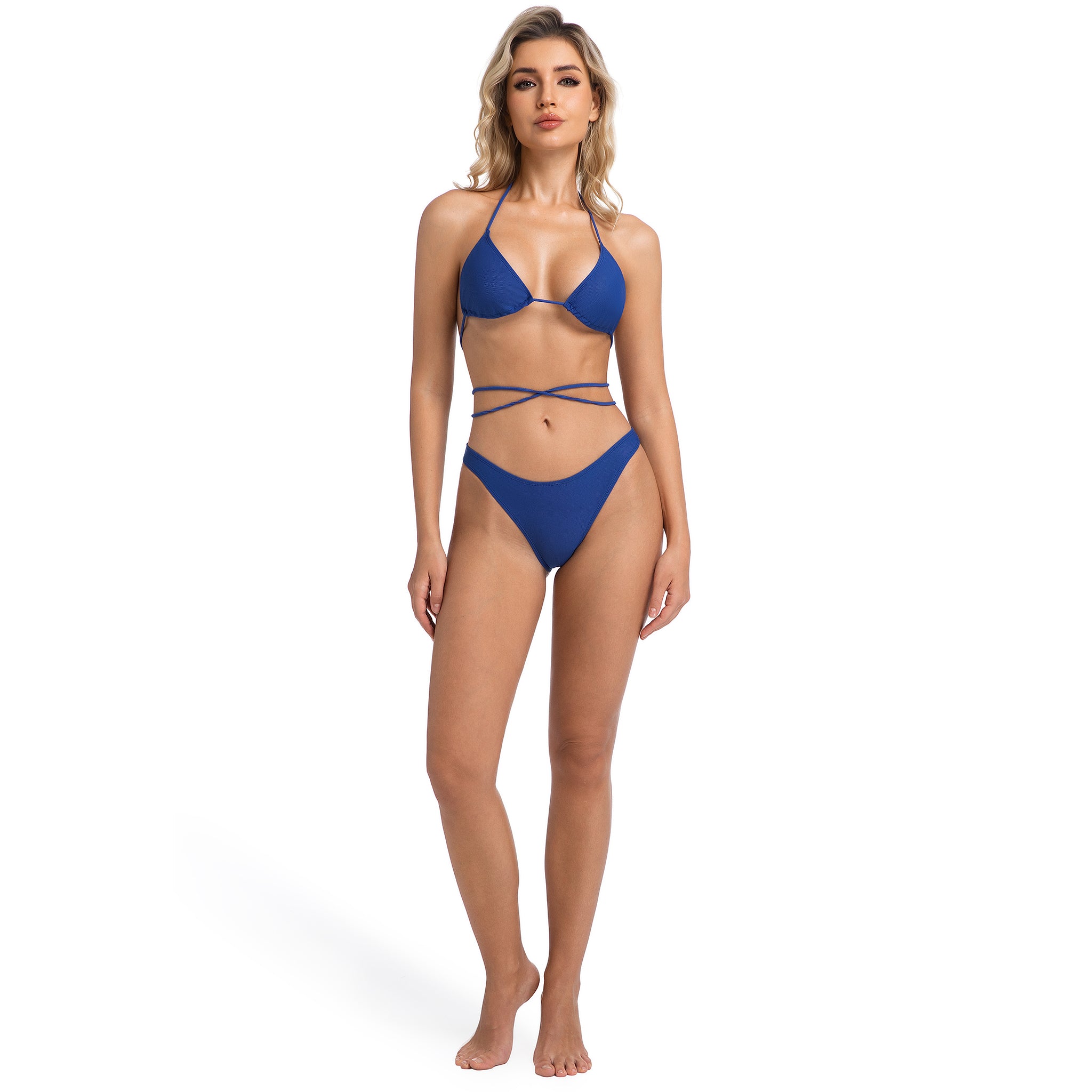 Tan Through Multi-Way Wickel-Bikini-Set - Minimiert Bräunungslinien UV-durchlässige Bademode - Überkreuztes Neckholder-Oberteil & V-förmige High-Leg Brasilianische Hose, Tiefes Azur