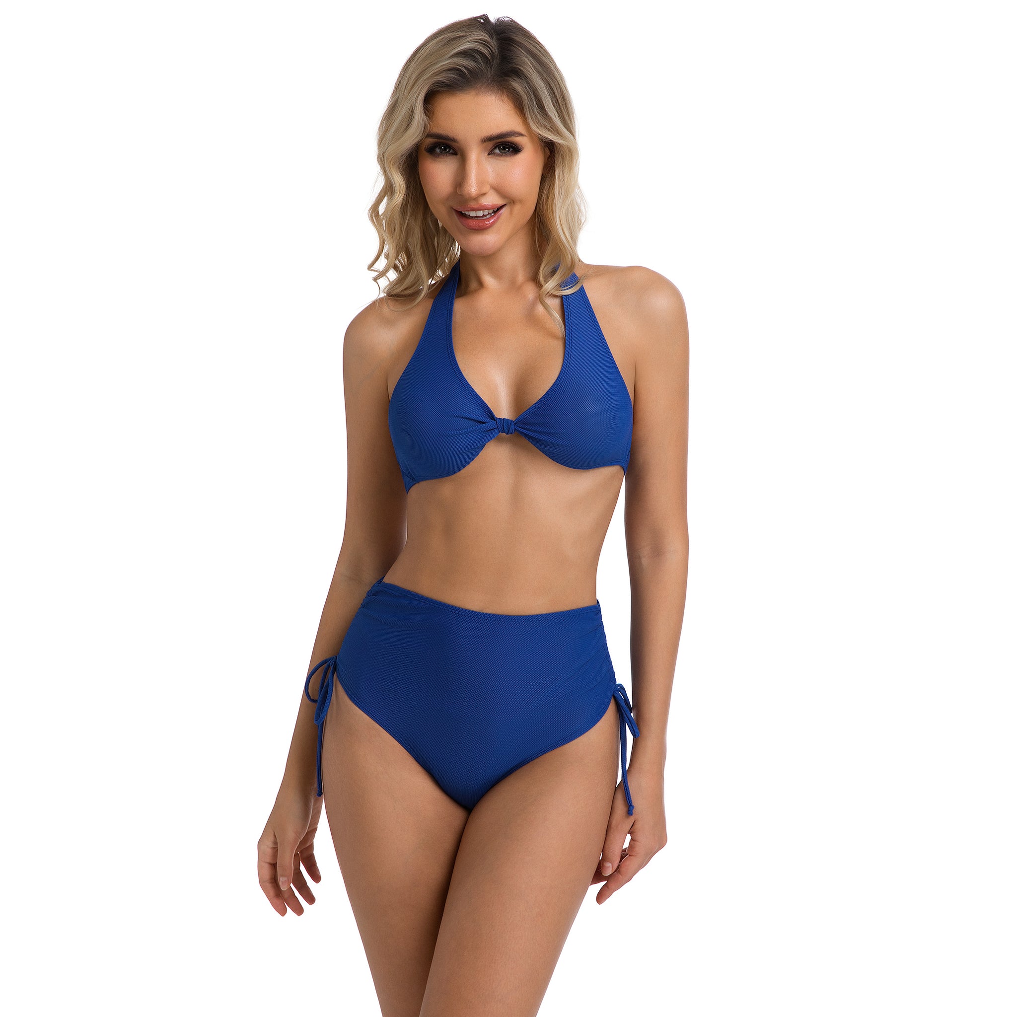 Blauer High Waist Bräunungsfreundlicher Bikini-Set – Verstellbare Bademode zum Binden an den Seiten – Minimiert Bräunungslinien UV-durchlässiger Neckholder mit Vorderknoten & geraffte Bauchkontrolle Zweiteiler