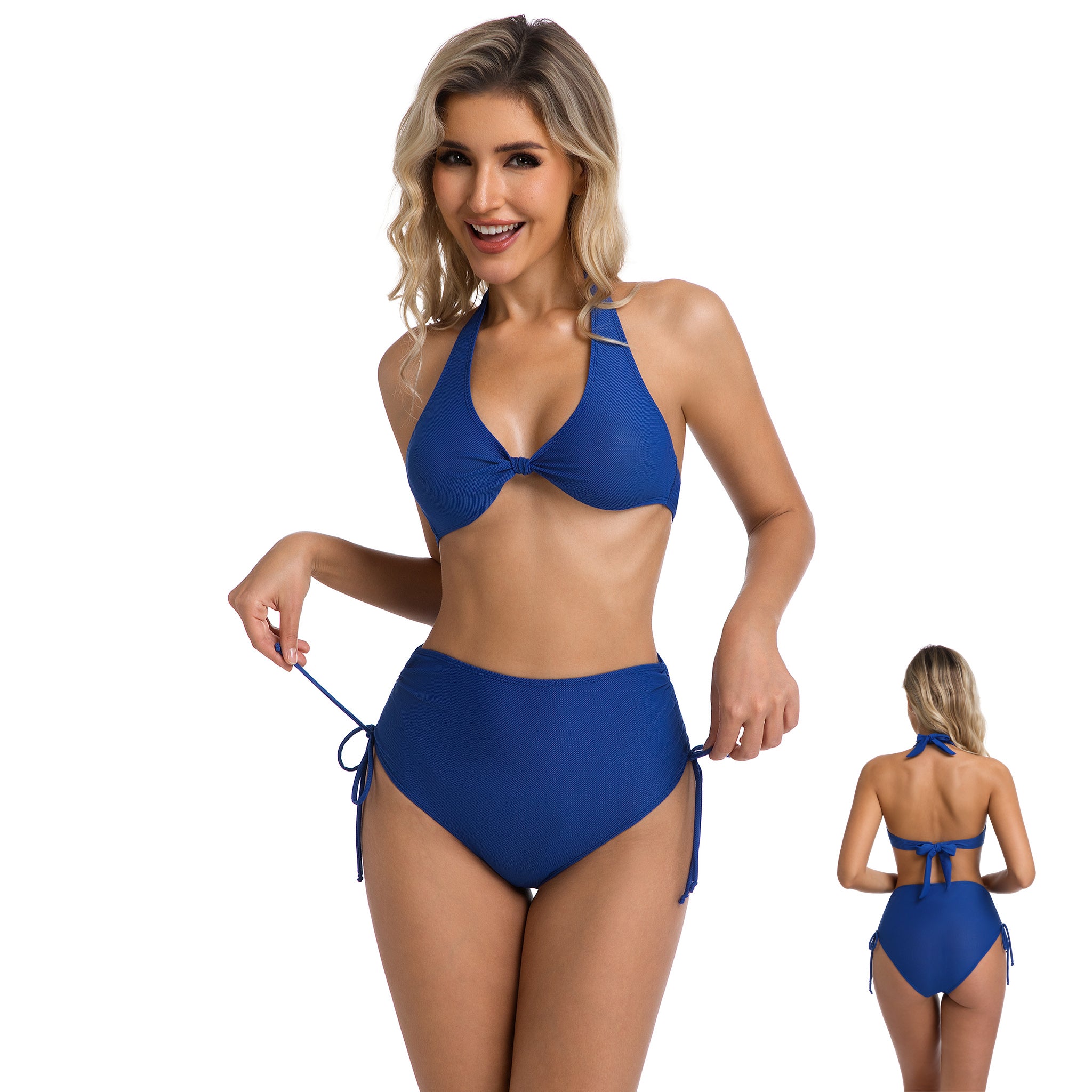 Blauer High Waist Bräunungsfreundlicher Bikini-Set – Verstellbare Bademode zum Binden an den Seiten – Minimiert Bräunungslinien UV-durchlässiger Neckholder mit Vorderknoten & geraffte Bauchkontrolle Zweiteiler