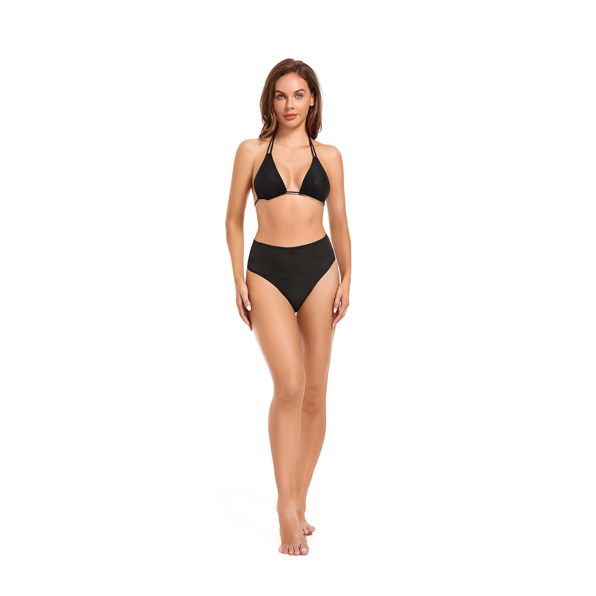 Halter Tan Through Bikini Set - Minimiert Bräunungslinien UV-durchlässige Bademode - Zweiteiliger sonnenfilternder nahtloser Slip Badeanzug, Onyx Black