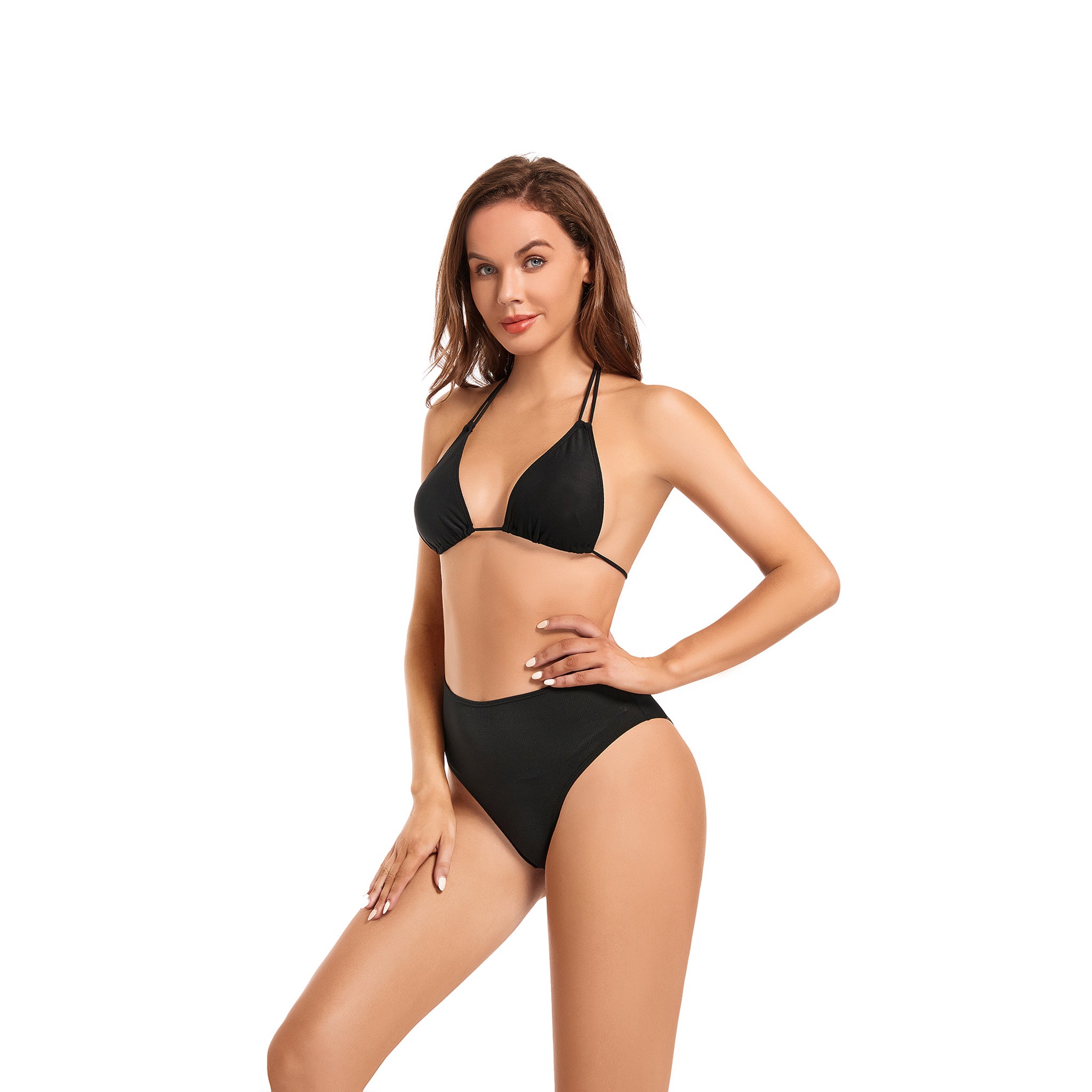 Halter Tan Through Bikini Set - Minimiert Bräunungslinien UV-durchlässige Bademode - Zweiteiliger sonnenfilternder nahtloser Slip Badeanzug, Onyx Black