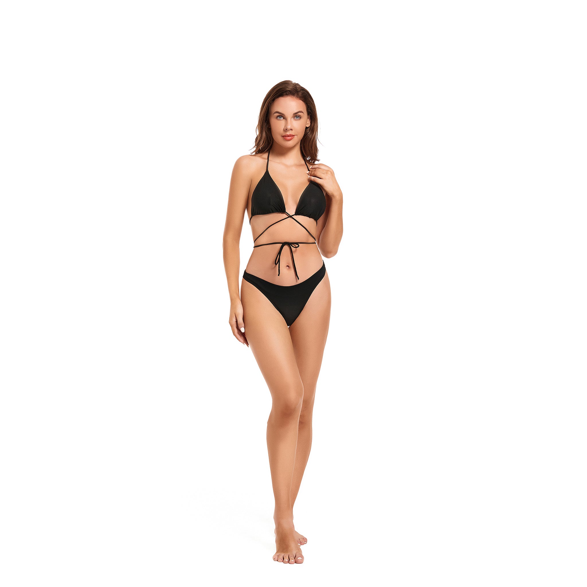 Wickel-Bikini-Set für bräunungsfreundliches Tragen – Minimiert Bräunungslinien UV-durchlässiger Zweiteiler – Criss-Cross Neckholder Sonnenfilter-Badeanzug, Onyx-Schwarz