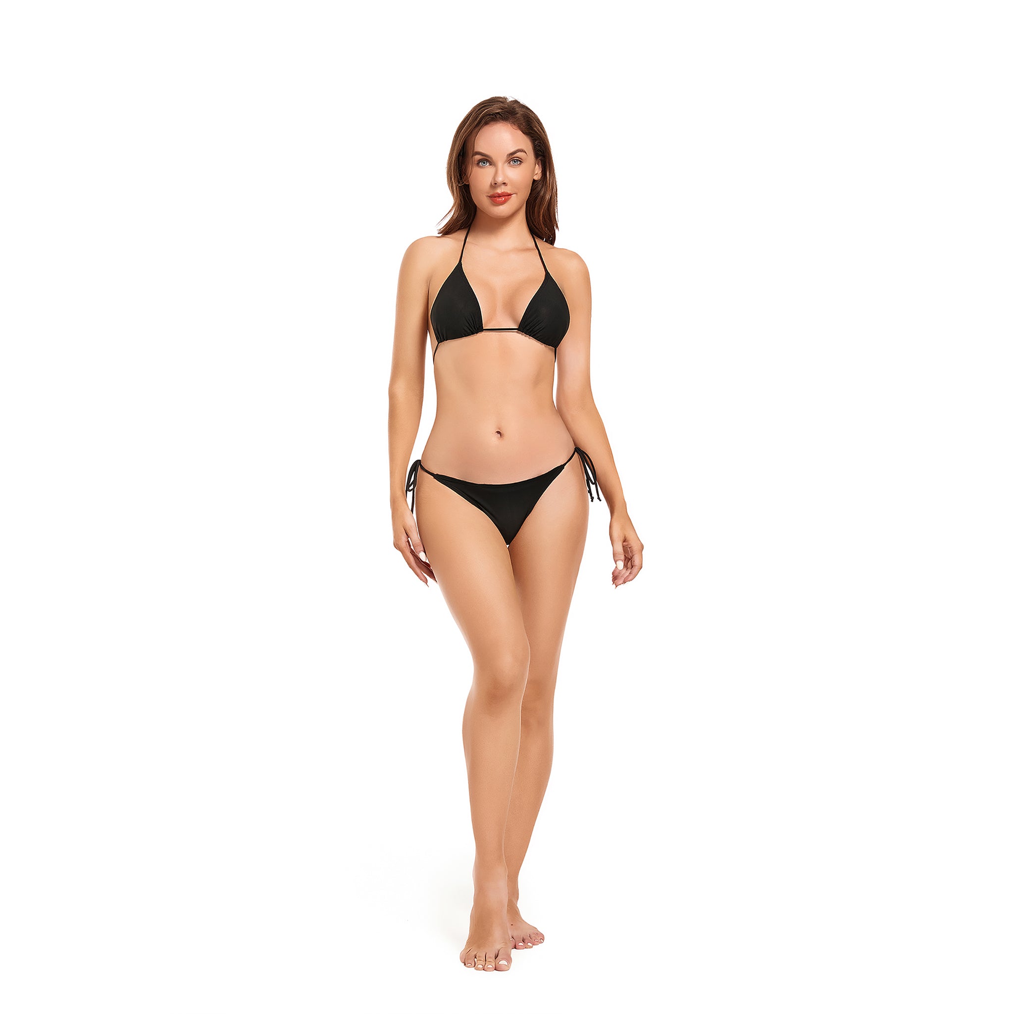 Tan Through Bikini Set Minimiert Bräunungslinien - Sonnenpermeabler Dreieck-Zweiteiler-Badeanzug - Verstellbarer Neckholder-Badeanzug zum Binden an der Seite, Onyx-Schwarz