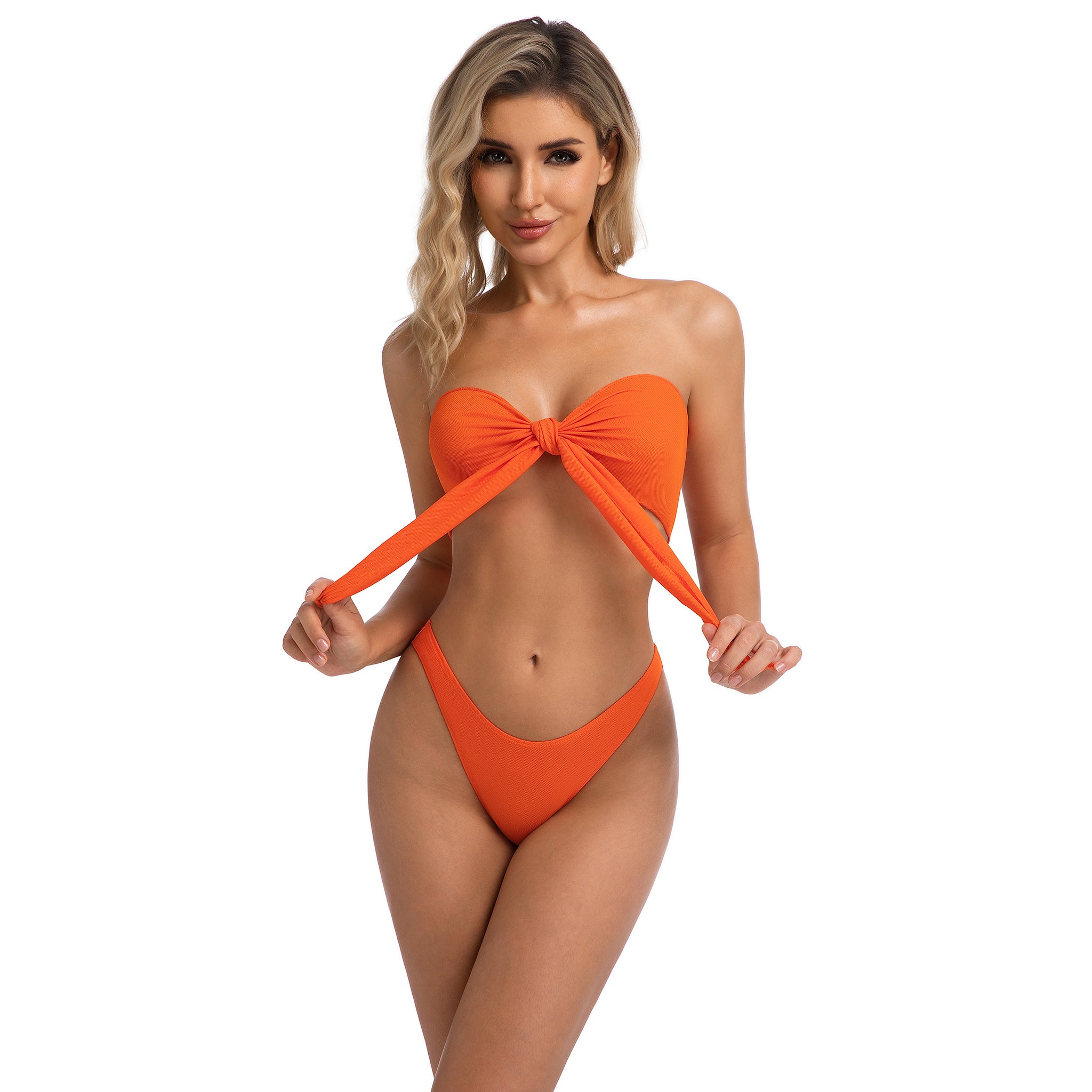 Oranges durchbräunendes Bandeau-Bikini-Set für Damen – Minimiert Bräunungsstreifen Trägerloser Badeanzug – Gerippter Zweiteiler für Damen mit hohem Beinausschnitt und Knoten vorne