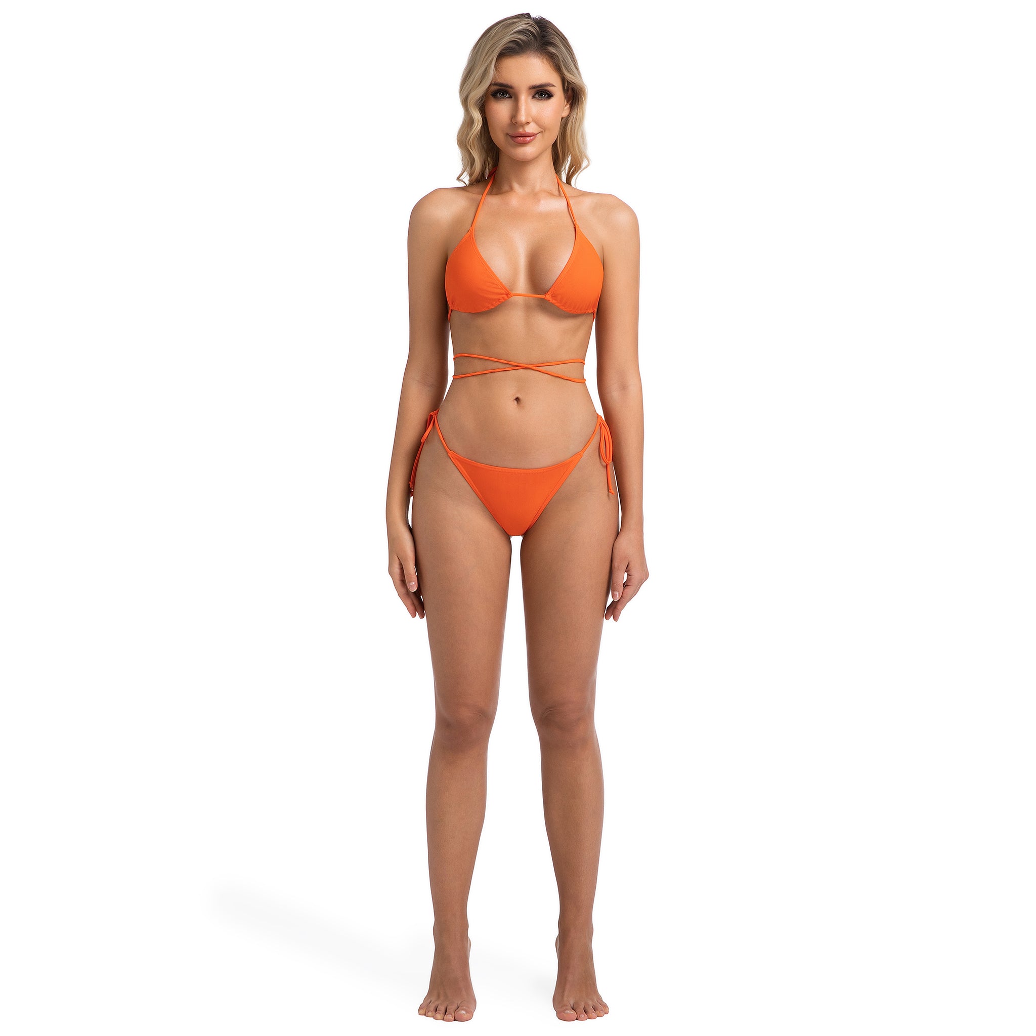 Zweiteiliger Wickel-Badeanzug für Damen – Minimiert Bräunungslinien, seitlich gebundenes, freches Bikiniunterteil für Damen – Orange gerippter Tan-Through Damen Triangel-Neckholder-Set