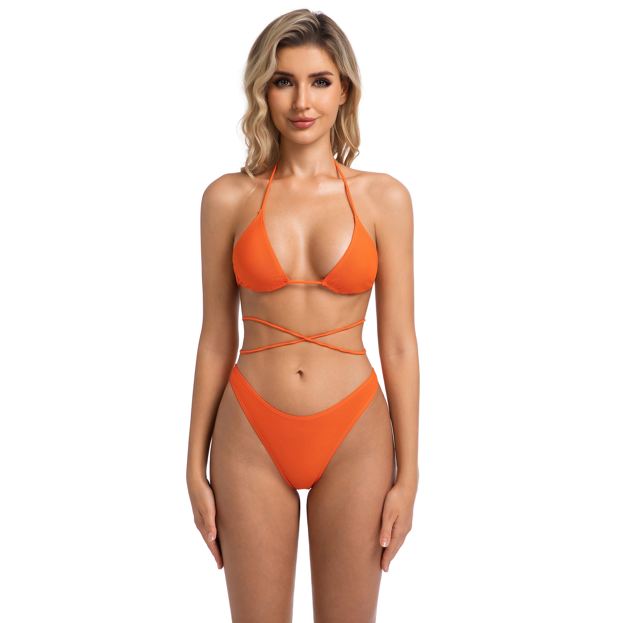 Damen High Leg Mid-Rise Badeanzug – Gerippter, orangefarbener Wickel-Zweiteiler – Bräunungsstreifen minimierend, weiblicher Triangel-Neckholder „Tan Through“ Bikini-Set