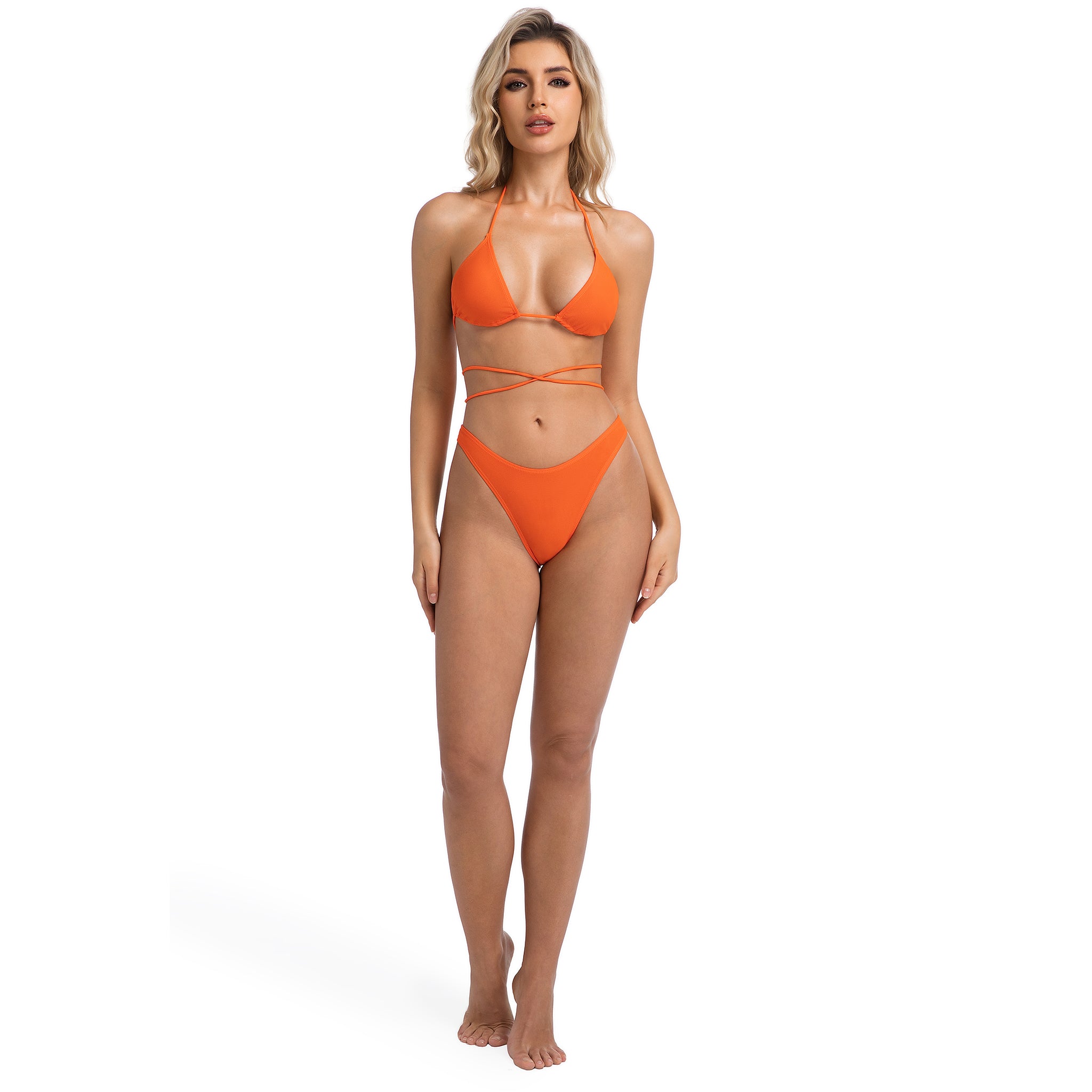 Damen High Leg Mid-Rise Badeanzug – Gerippter, orangefarbener Wickel-Zweiteiler – Bräunungsstreifen minimierend, weiblicher Triangel-Neckholder „Tan Through“ Bikini-Set