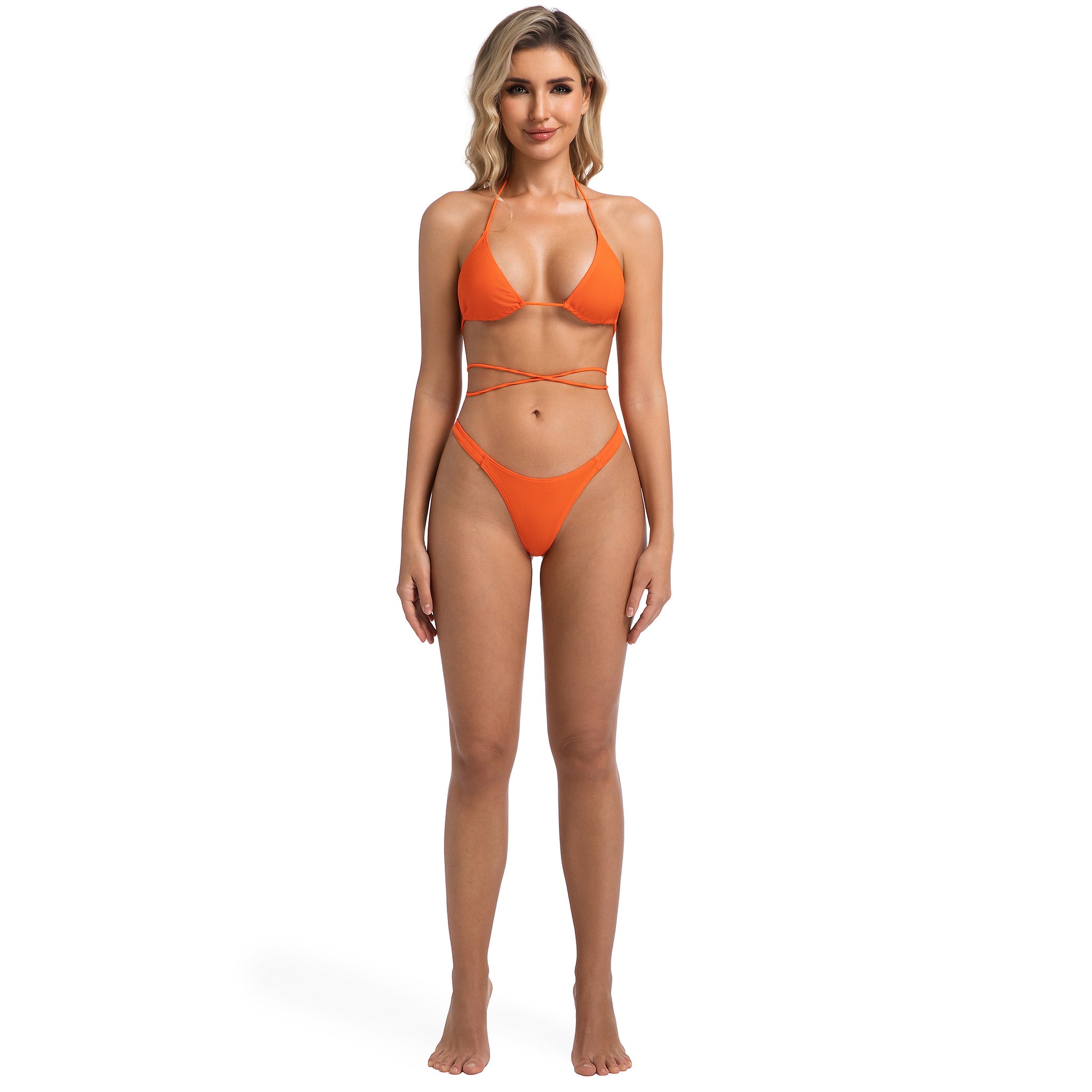 Zweiteiliger orangefarbener gerippter Bikini für Damen – Tan-Through High Cut Ultra Cheeky Tanga-Badeanzug – Minimale Bräunungslinien Wickel-Neckholder-Badeanzug für Damen