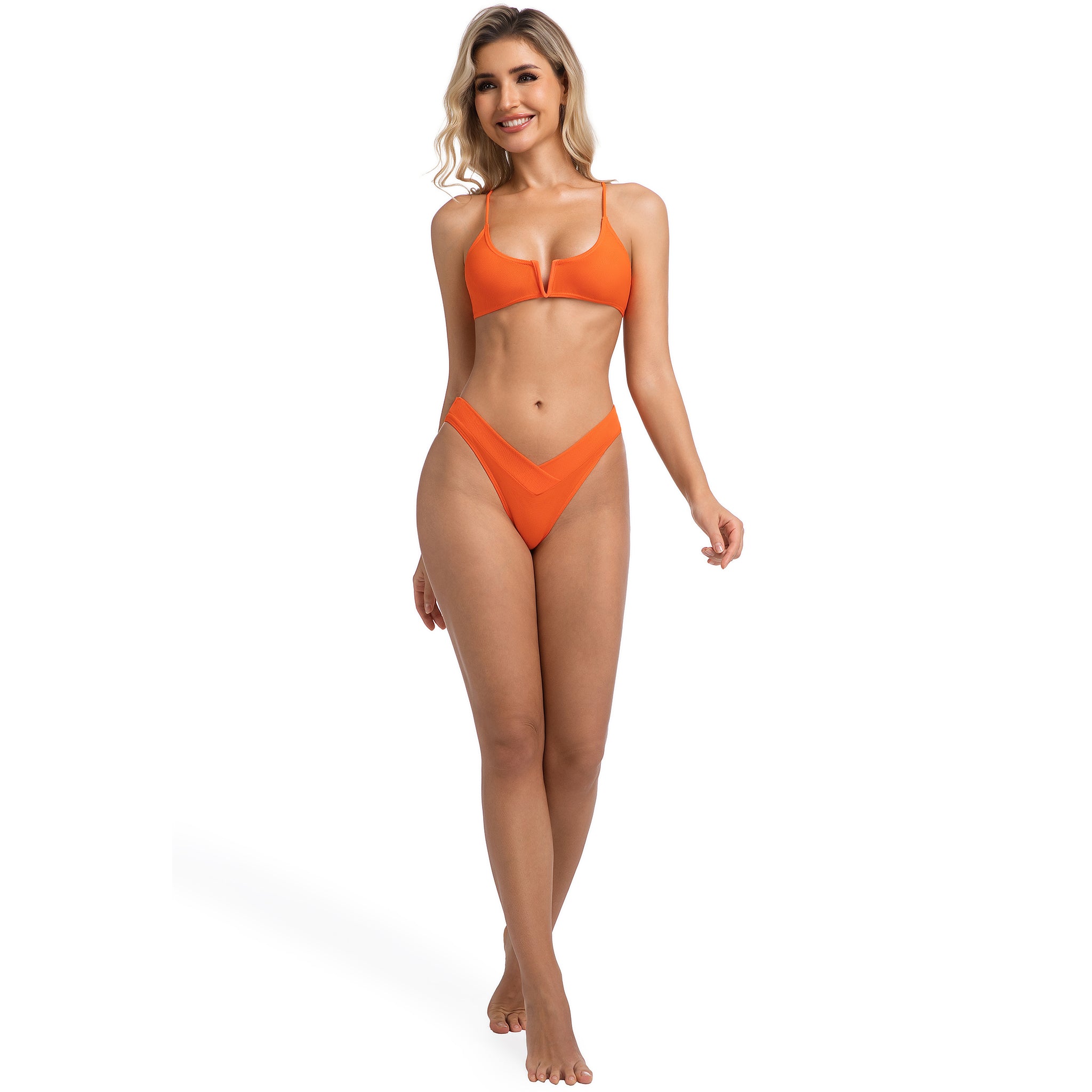 Sonnenbrand minimieren Rippen-Badeanzug für Frauen – V-Wire Spaghettiträger Damen Zweiteiler – Orange Tan Through Damen V-Front High Leg Bikini Set