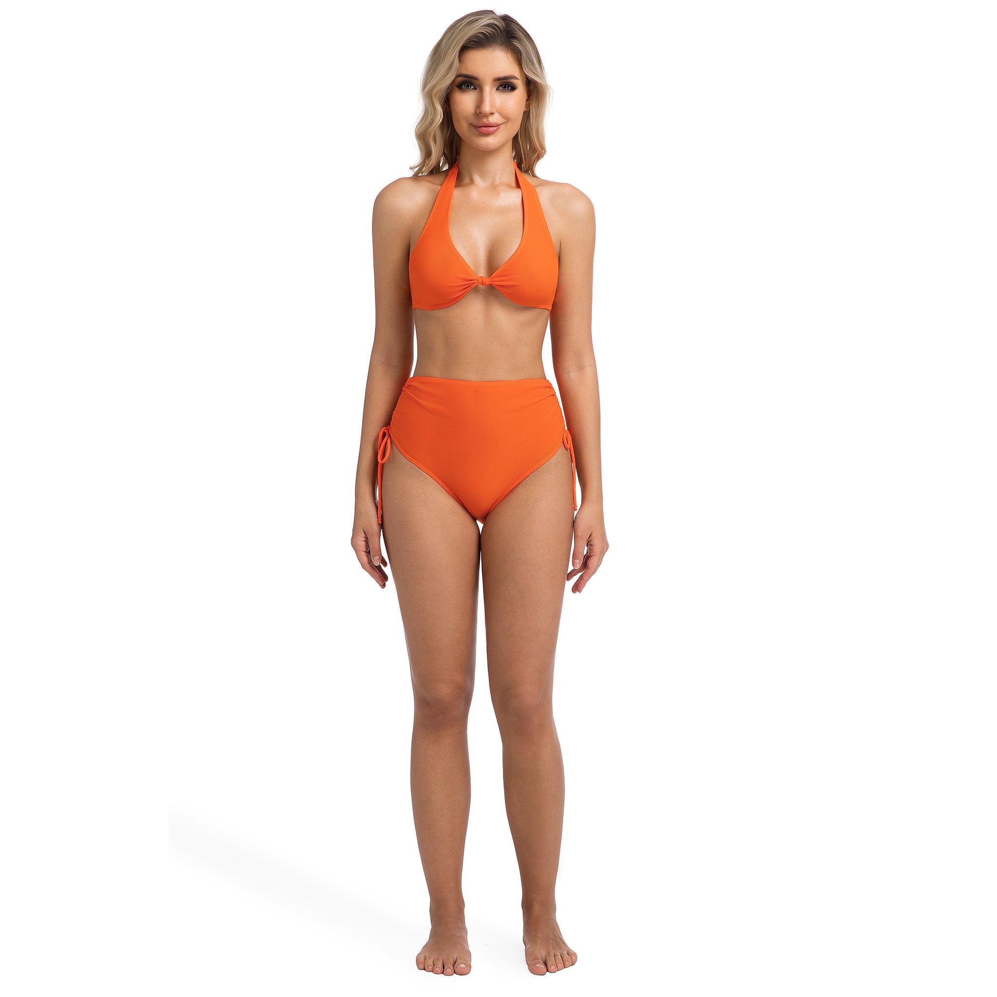 Sonnenbräune-Bikini mit hoher Taille für Damen - Minimiert Bräunungsstreifen, Doppelschleifen-Neckholder-Badeanzug - Damen seitlich gebundenes, gerafftes, geripptes, orangefarbenes Zweiteiler