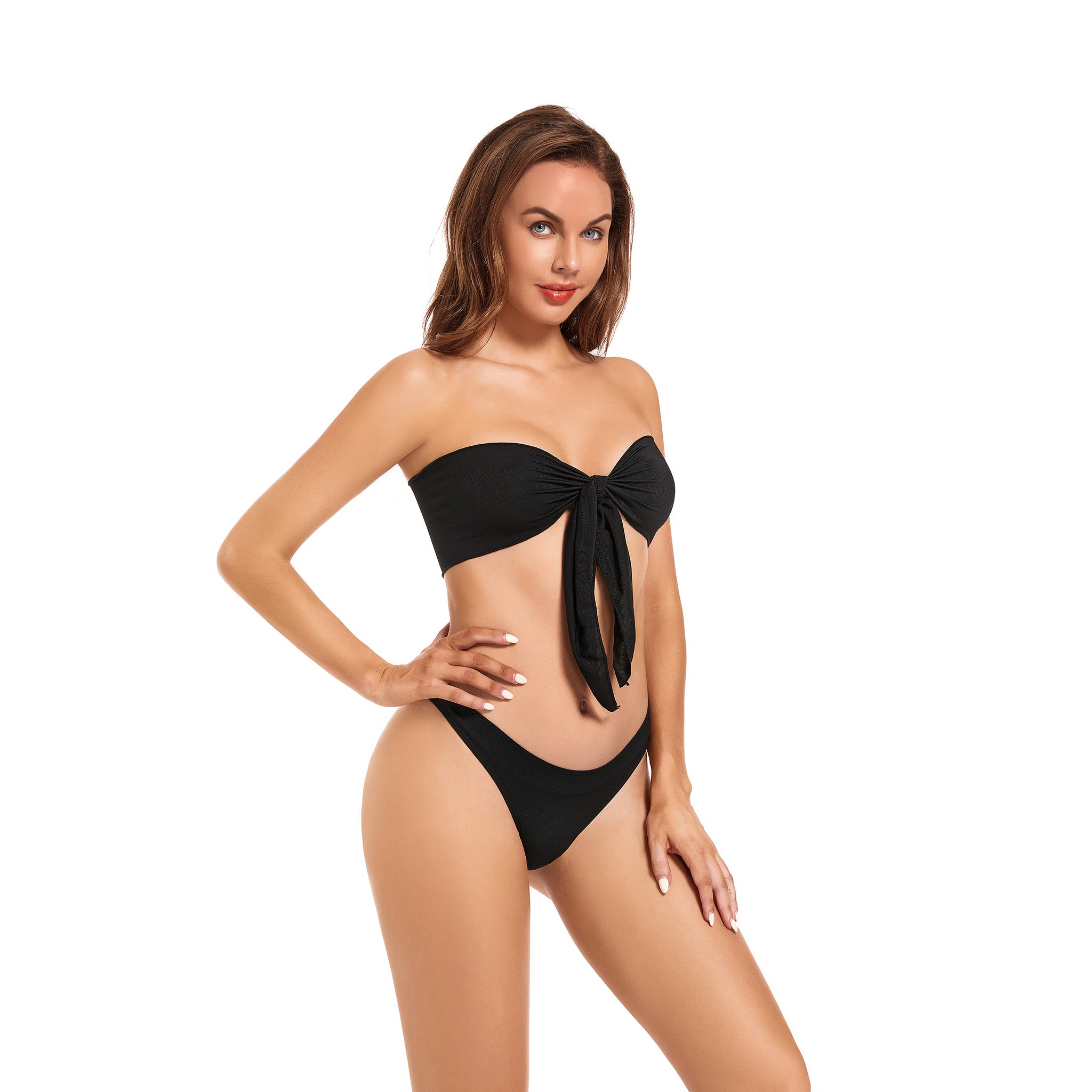 Bandeau Tan Through Bikini Set - Minimiert Bräunungsstreifen UV-durchlässiger Badeanzug - Zweiteiliger trägerloser Badeanzug mit festem Unterteil, Sonnenfilternd, Onyx Black