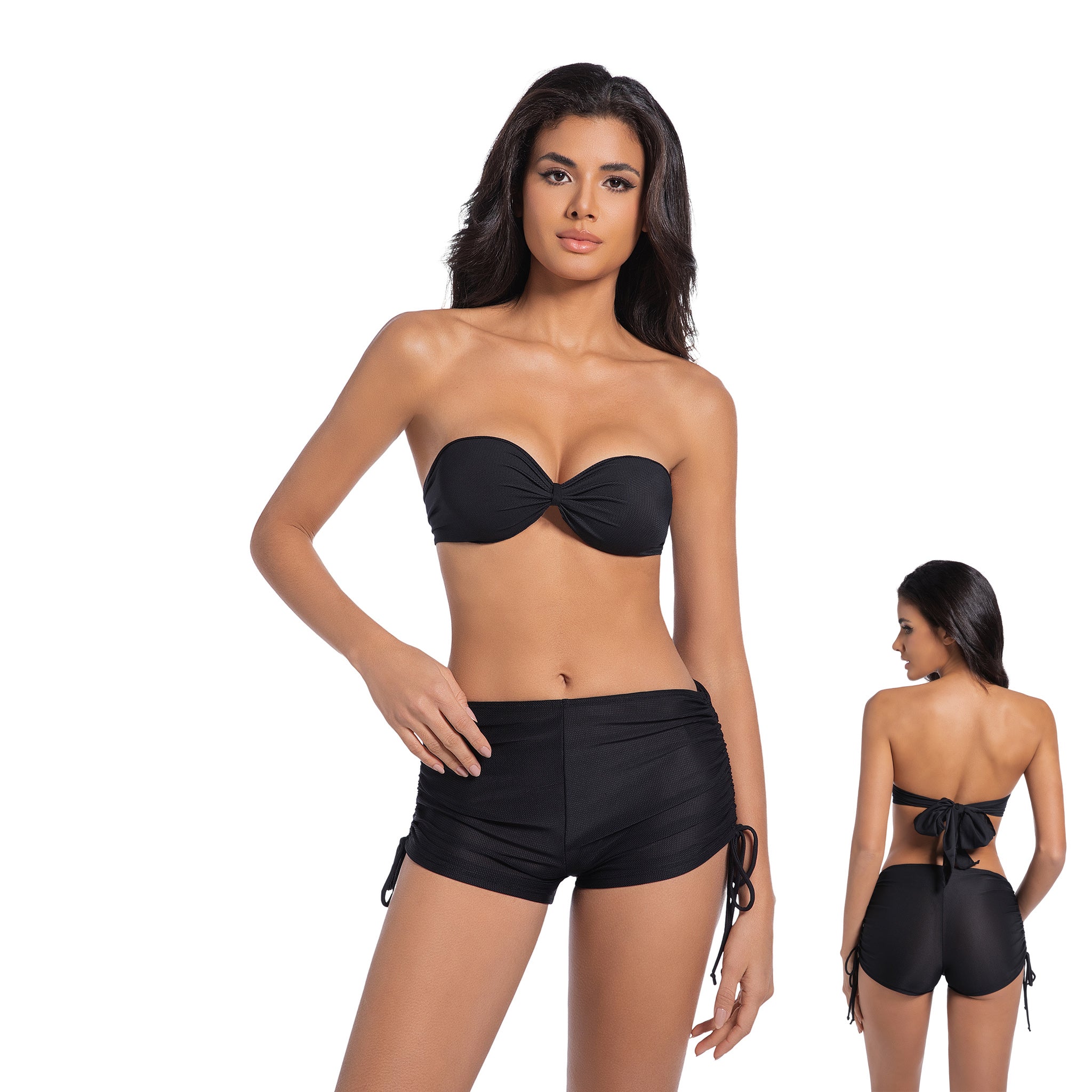 Bandeau Bräunungs-Bikini-Set – Minimiert Bräunungslinien UV-durchlässiger Zweiteiler – Trägerloser Neckholder-Boyshort-Badeanzug zum Binden, Onyx Schwarz