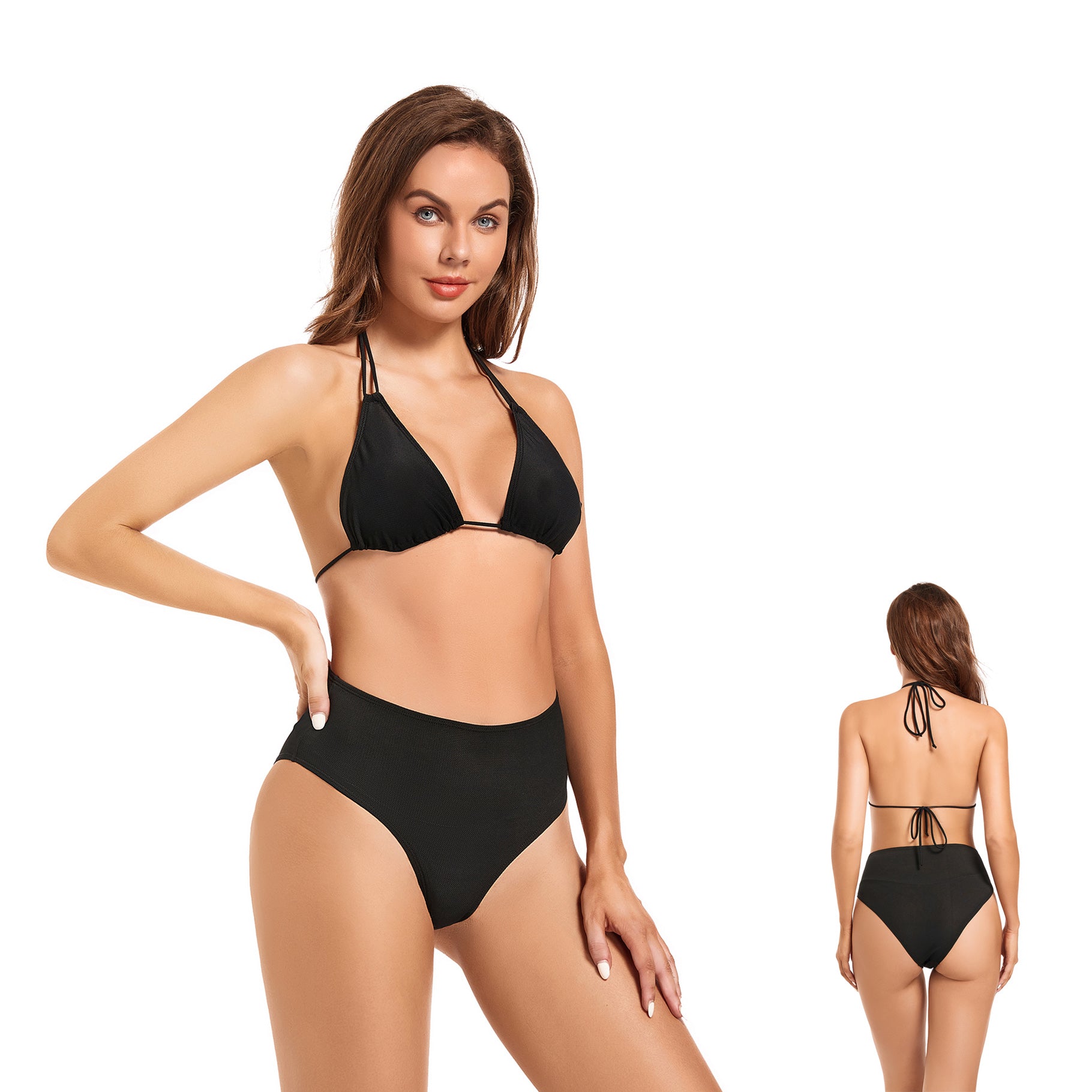 Halter Tan Through Bikini Set - Minimiert Bräunungslinien UV-durchlässige Bademode - Zweiteiliger sonnenfilternder nahtloser Slip Badeanzug, Onyx Black