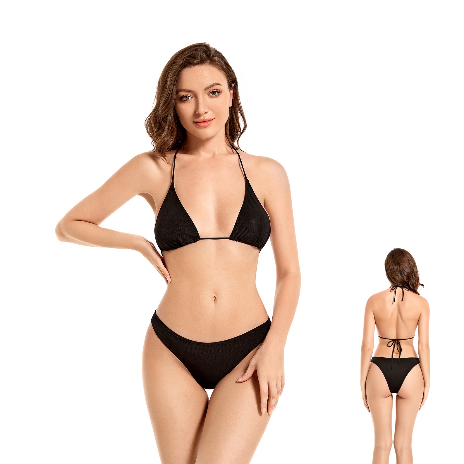 Bräunungsstreifen minimieren Tan-Through-Bikini - Sonnendurchlässiger Zweiteiler - Neckholder-Triangel-Badeanzug mit festem Unterteil, Onyx Schwarz