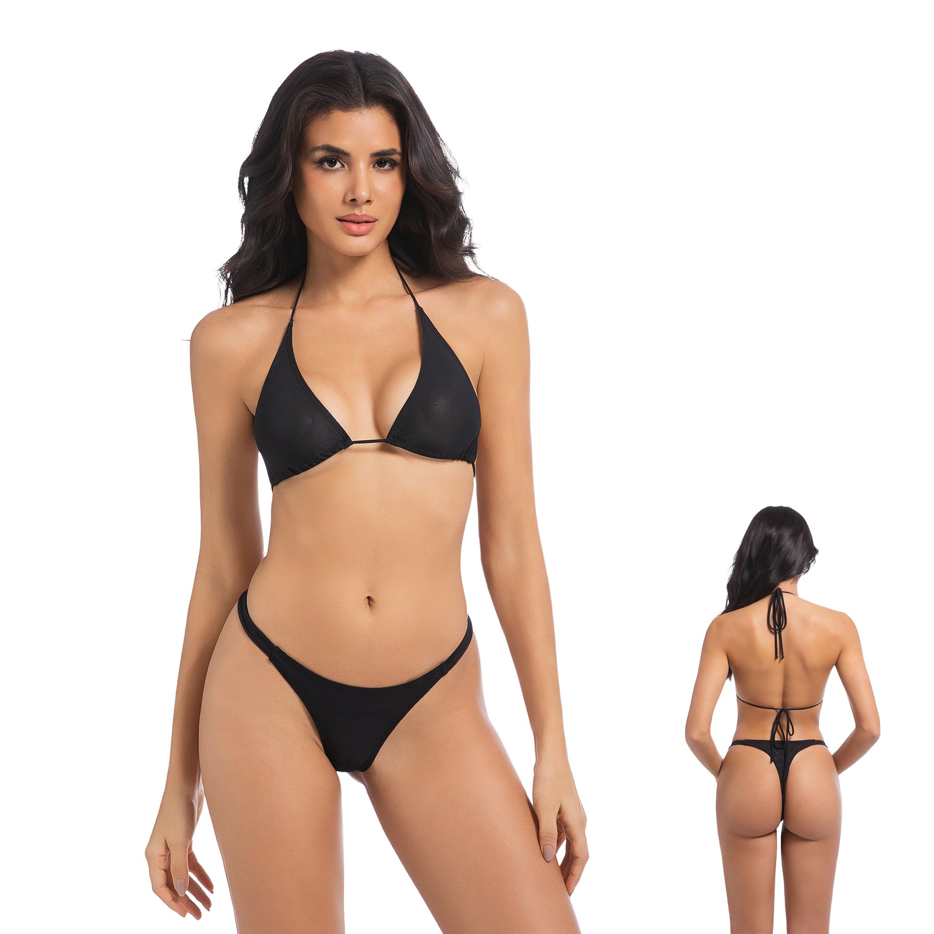Tan Through Bikini-Set - Minimiert Bräunungsstreifen UV-durchlässiger Badeanzug - Zweiteiliger Neckholder-Triangel-Badeanzug mit festem Höschen, Onyxschwarz