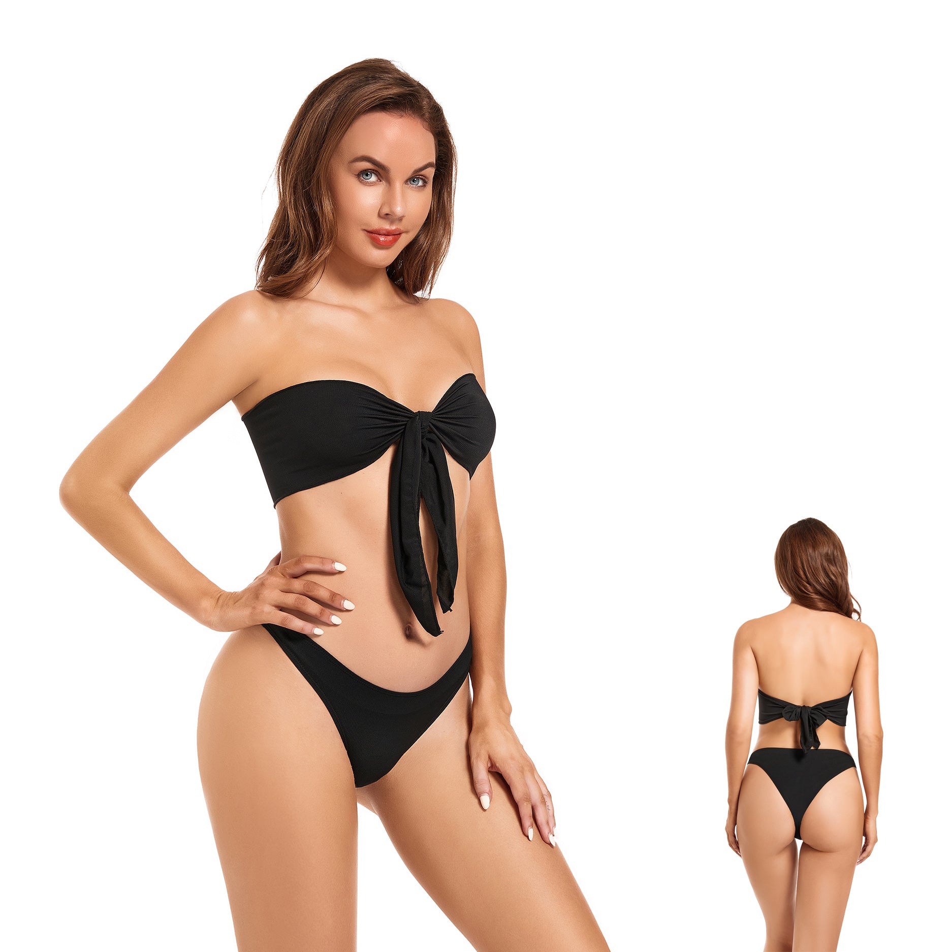 Bandeau Tan Through Bikini Set - Minimiert Bräunungsstreifen UV-durchlässiger Badeanzug - Zweiteiliger trägerloser Badeanzug mit festem Unterteil, Sonnenfilternd, Onyx Black